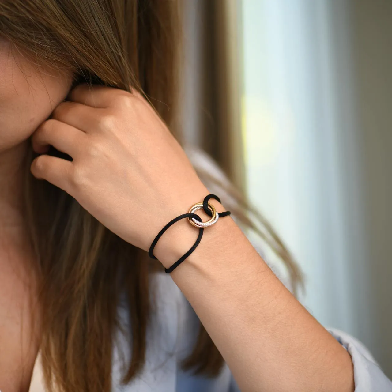 Cartier Trinity Diamond 18K Yellow White and Rose Gold Black Cord Bracelet