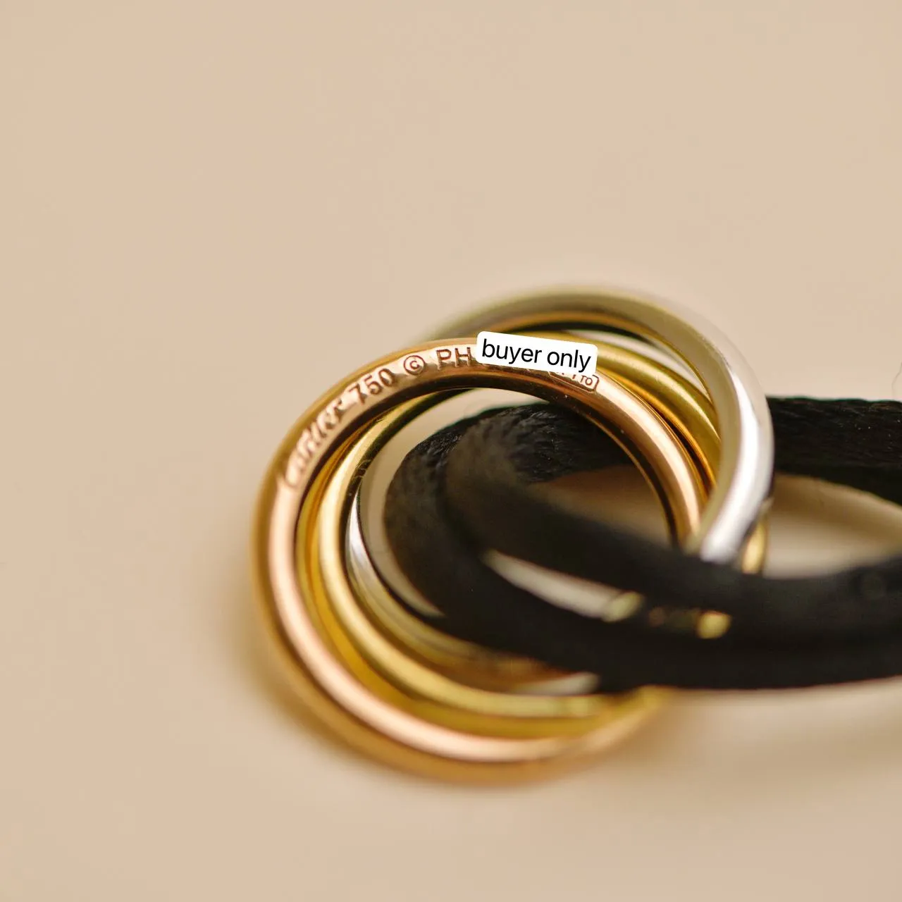 Cartier Trinity Diamond 18K Yellow White and Rose Gold Black Cord Bracelet