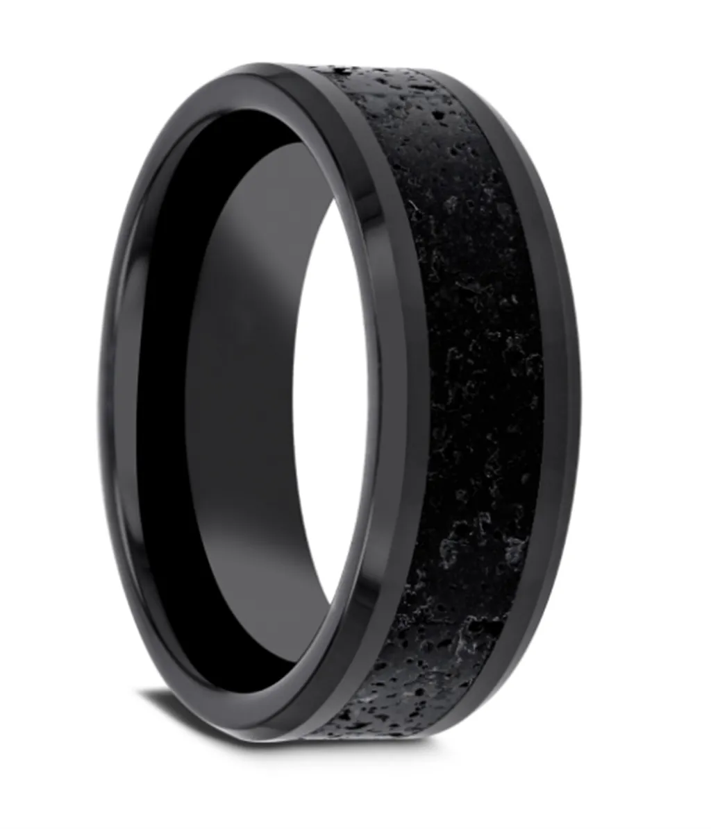 Ceramic And Lava Rock Stone Inlay ??Vesuvius?? 6mm Polished Bevel Edge Wedding Band