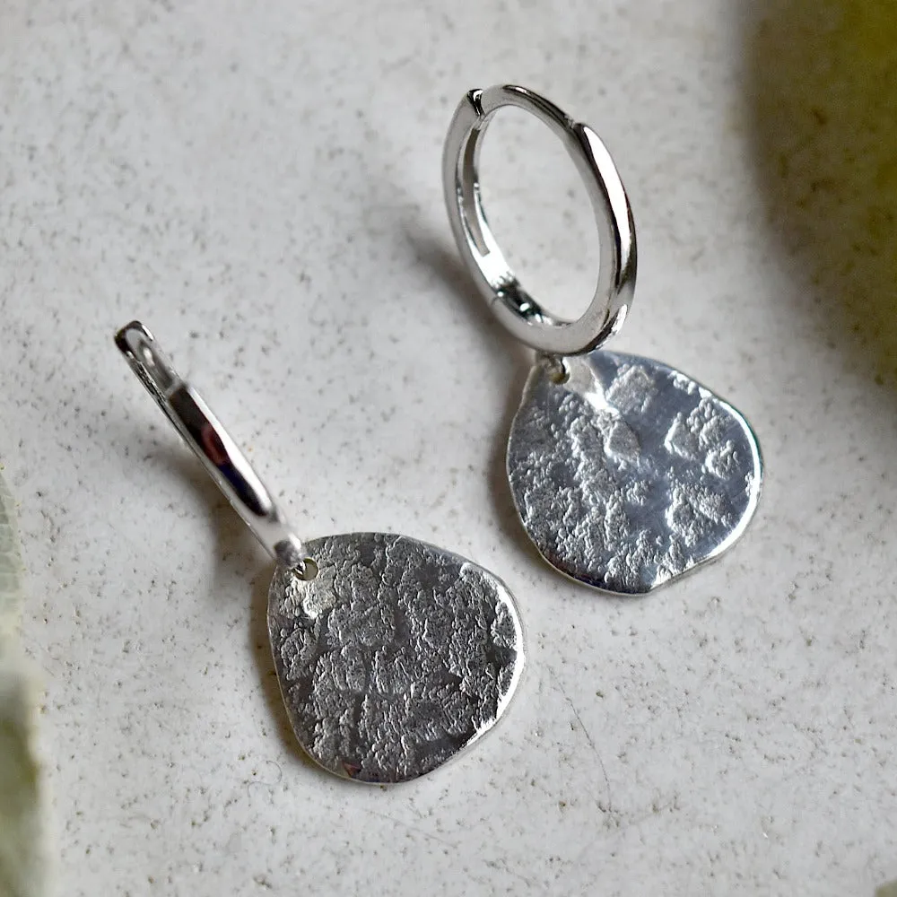 'Concrete' Silver Huggie Hoop with Small Drop