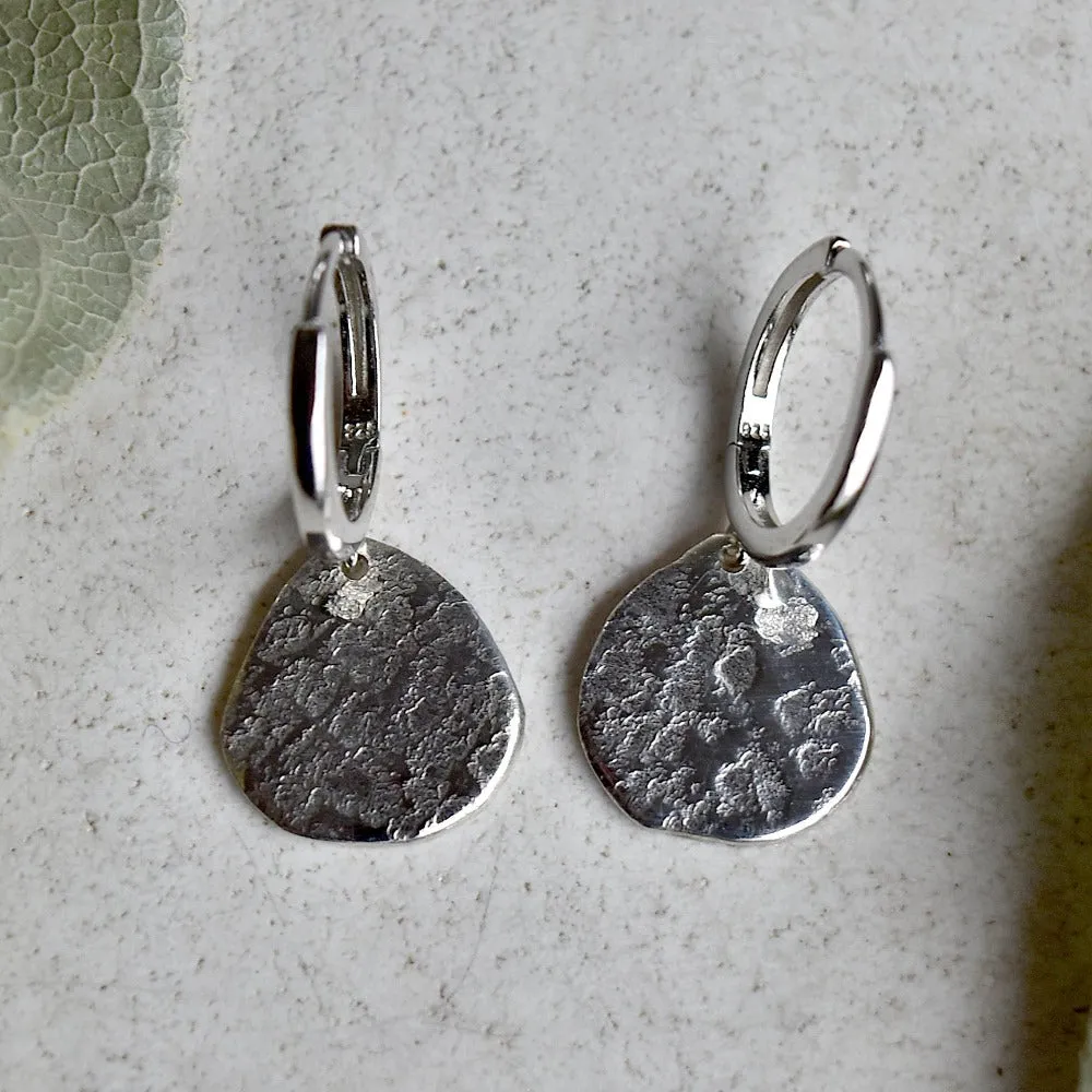 'Concrete' Silver Huggie Hoop with Small Drop
