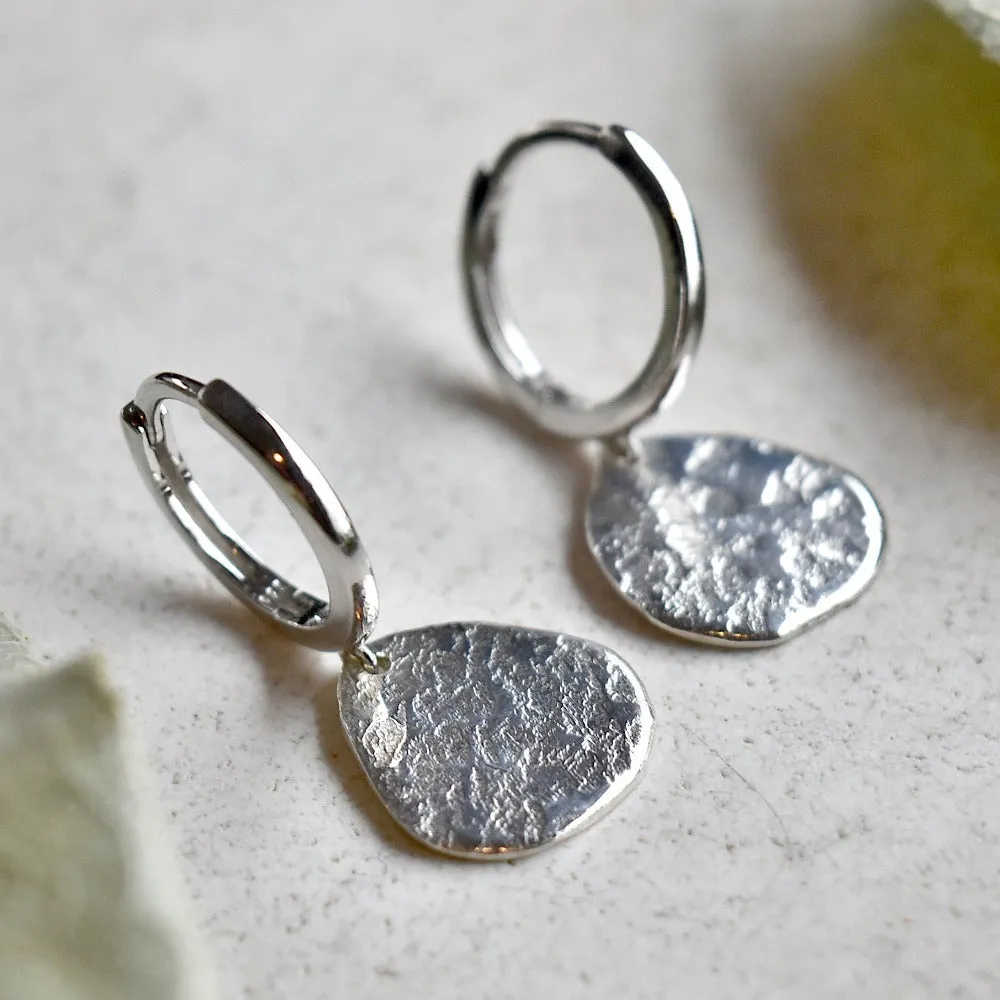 'Concrete' Silver Huggie Hoop with Small Drop