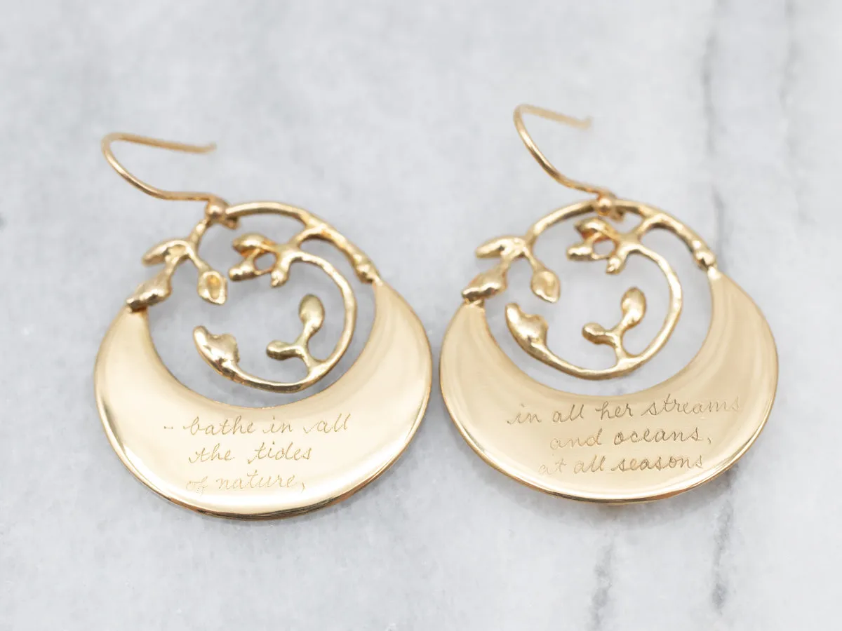 Engraved Gold Drop Earrings with Henry David Thoreau Quote