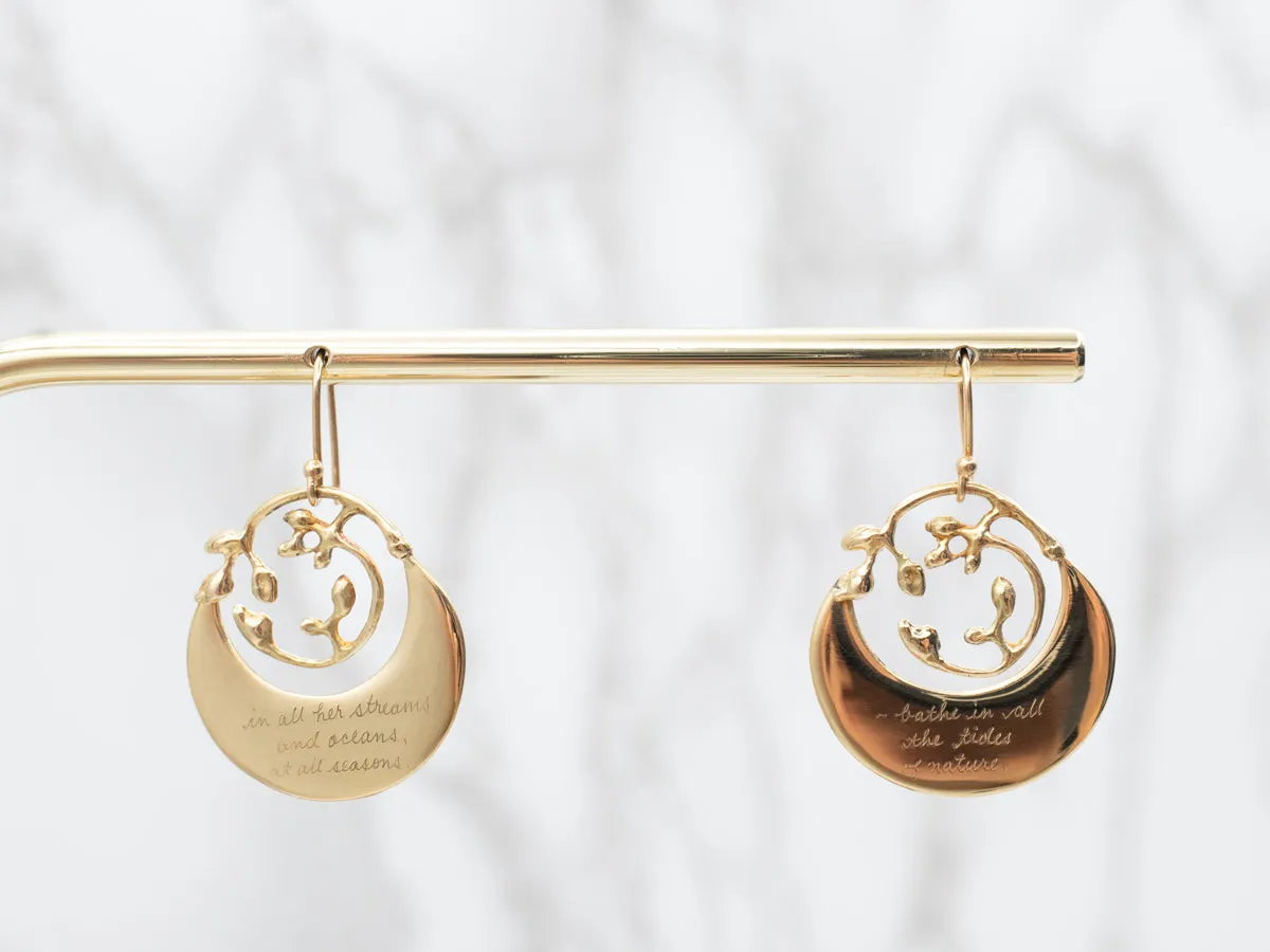 Engraved Gold Drop Earrings with Henry David Thoreau Quote