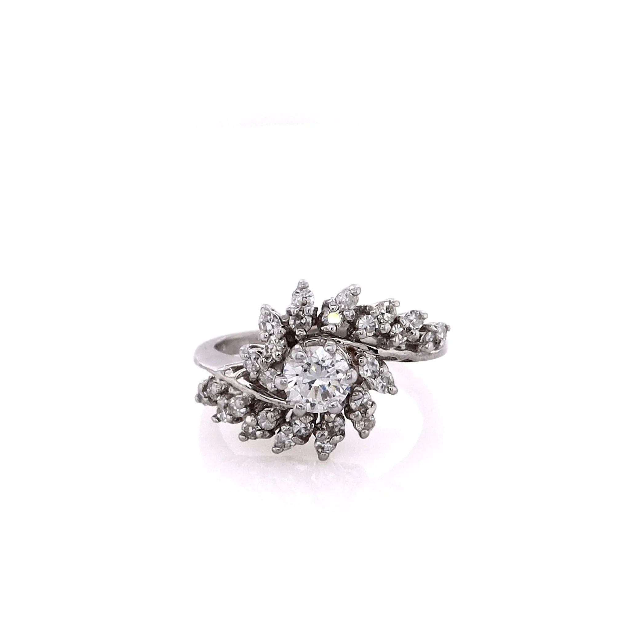 Estate 14k White Gold Rose Cut and Brilliant Round Cut Diamond Bypass Design Ring