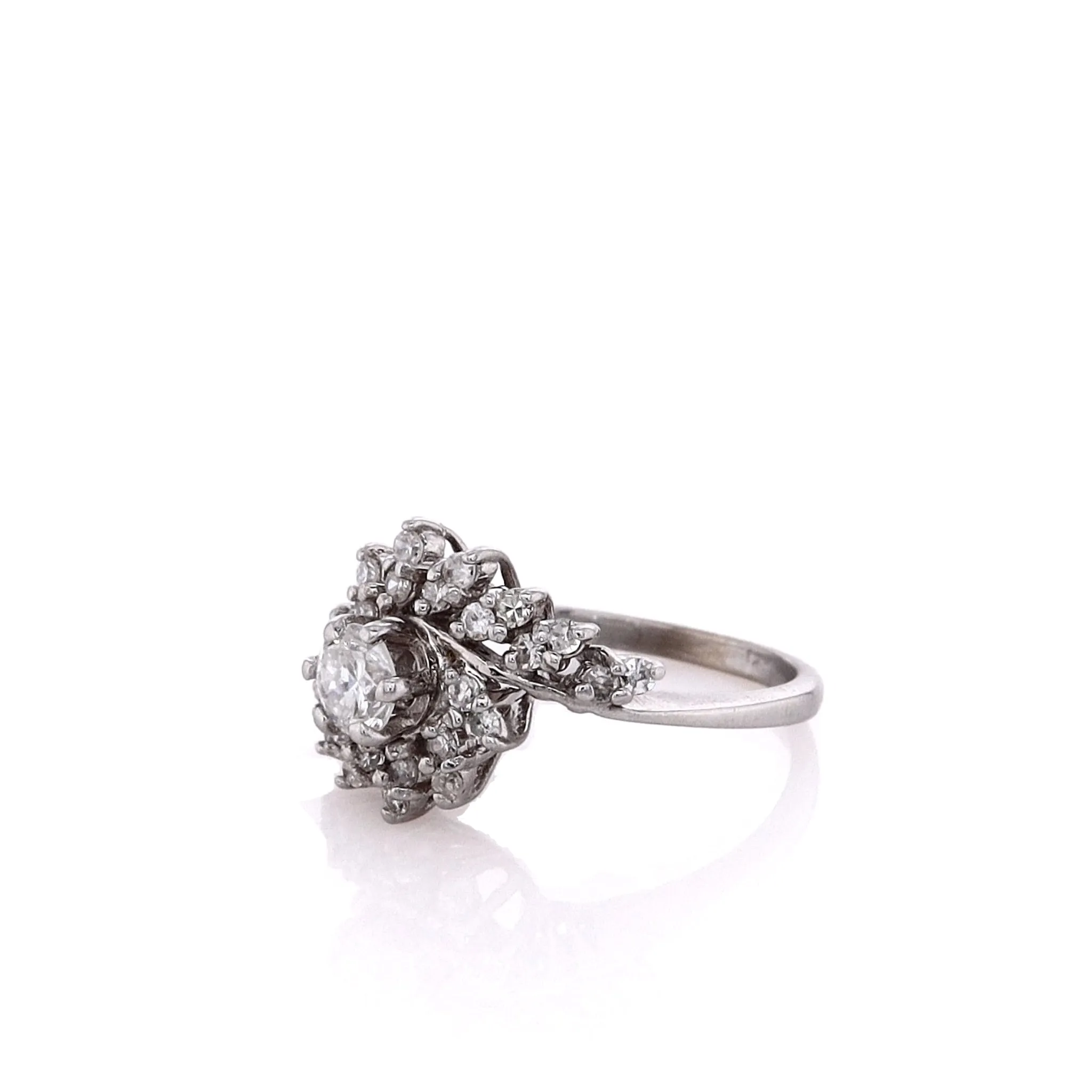 Estate 14k White Gold Rose Cut and Brilliant Round Cut Diamond Bypass Design Ring