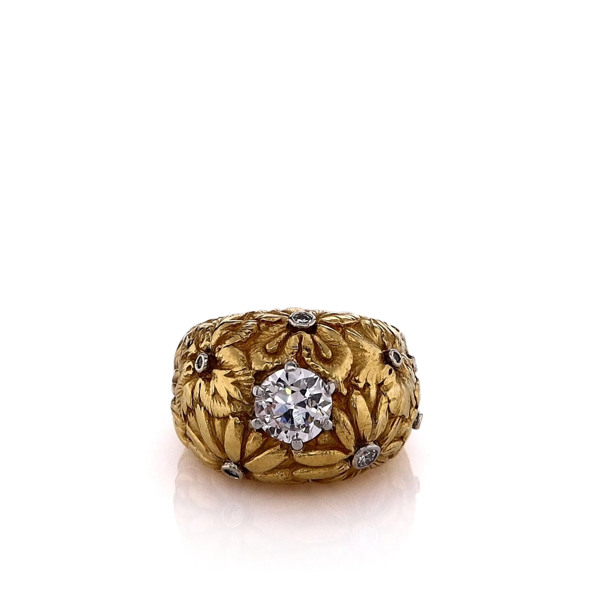 Estate 22k Yellow Gold Domed Floral Design Diamond Cocktail Ring