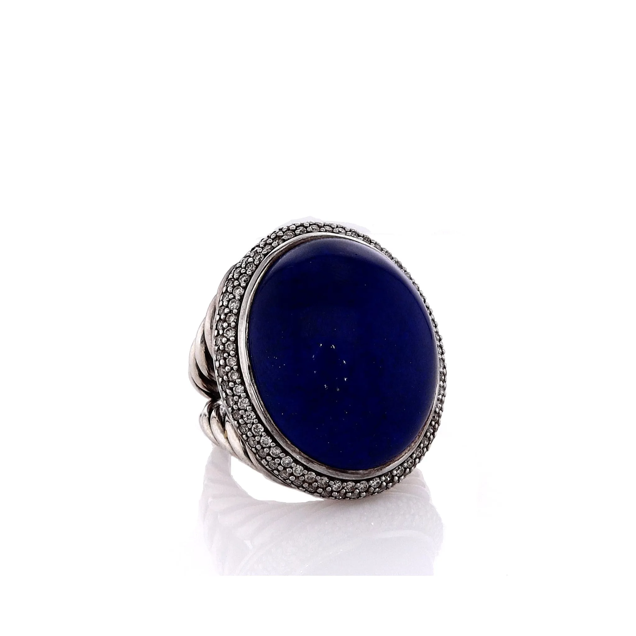 Estate David Yurman Sterling Silver Signature Oval Lapis and Diamond Split Shank Ring
