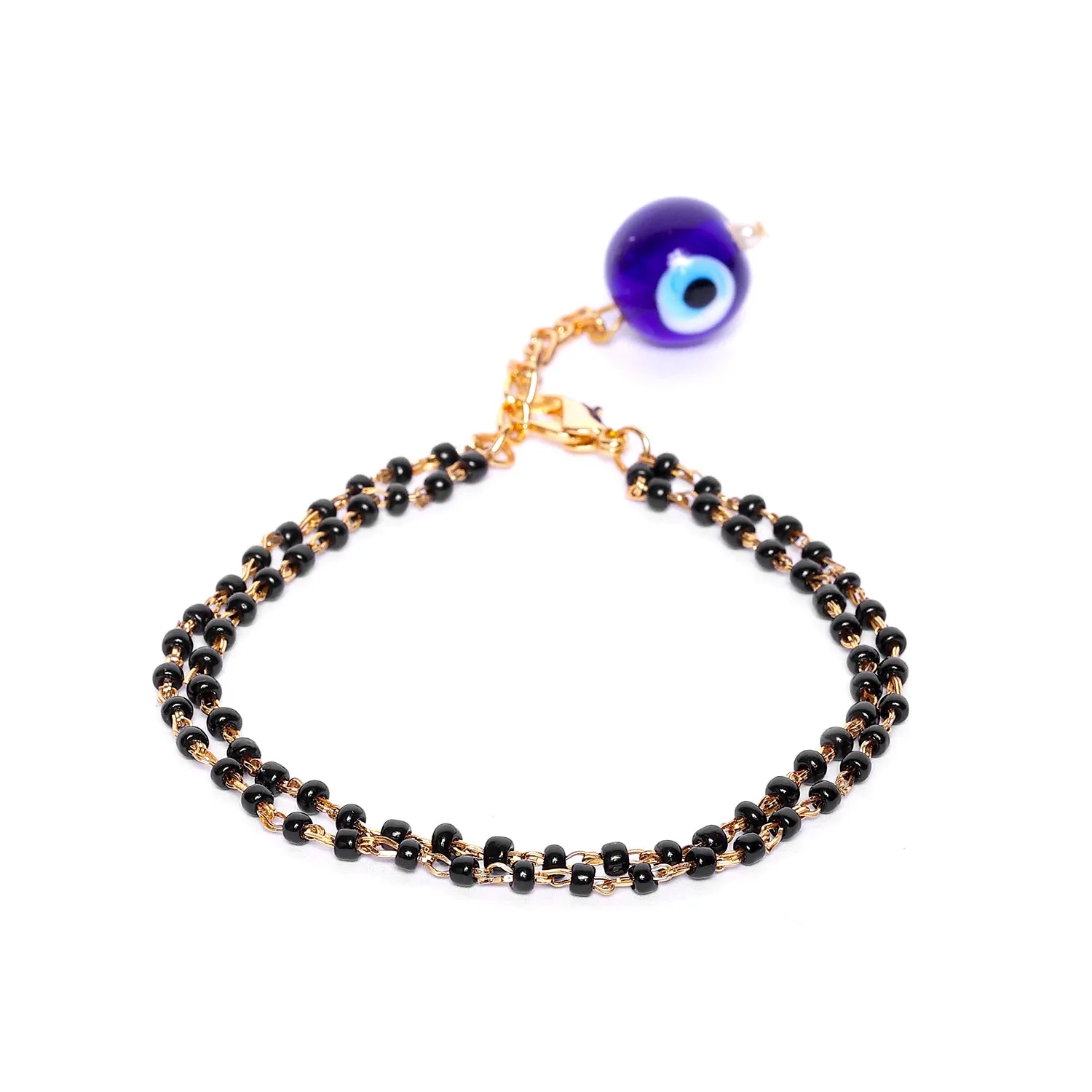 Estele Gold Plated Splendid Evil Eye Black Beads Bracelet for Women
