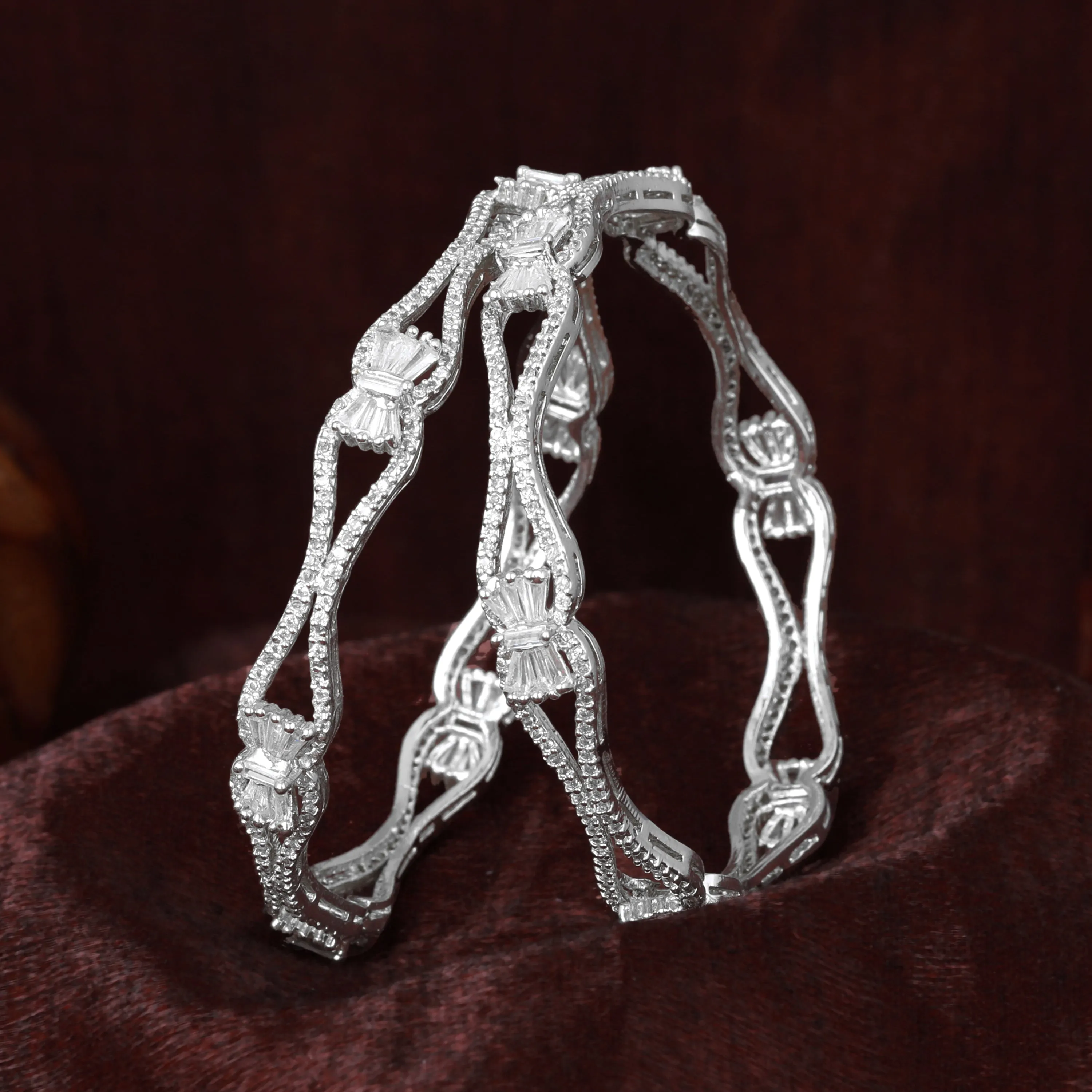 Estele Rhodium Plated Glittering White American Diamond Bangles| Available Sizes in 2:6 & 2:8|Exclusive Designer Jewelry for Women
