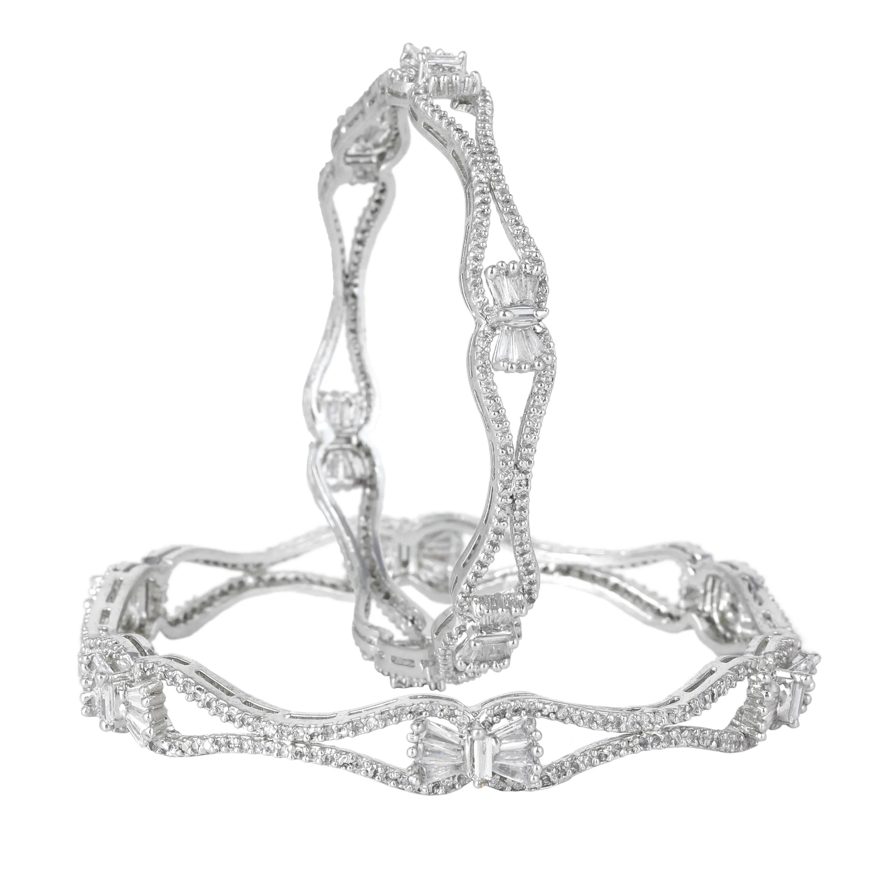 Estele Rhodium Plated Glittering White American Diamond Bangles| Available Sizes in 2:6 & 2:8|Exclusive Designer Jewelry for Women