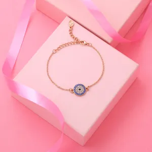 Estele Rose Gold Plated Coin Evil Eye Adjustable Charm Bracelet with Blue Austrian Crystals for Girls & Women