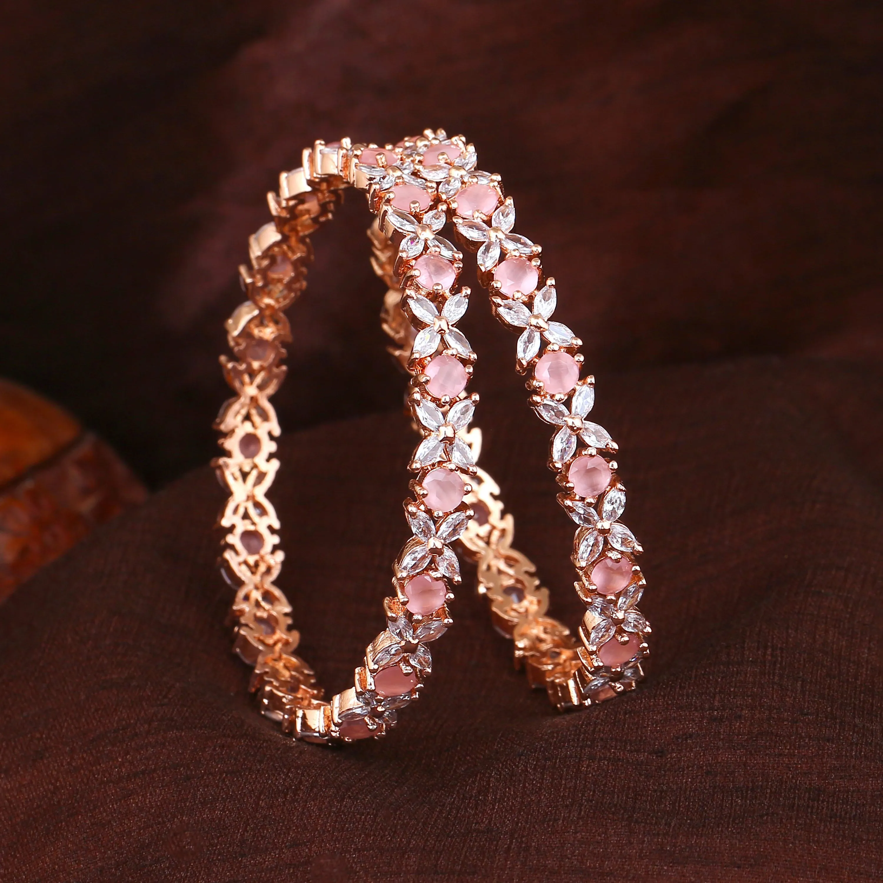 Estele Rosegold Plated Mint Pink American Diamond Charming Floral Bangles | Available in 2:4, 2:6, & 2:8 Sizes | Perfect Fit & Timeless Elegance for Women