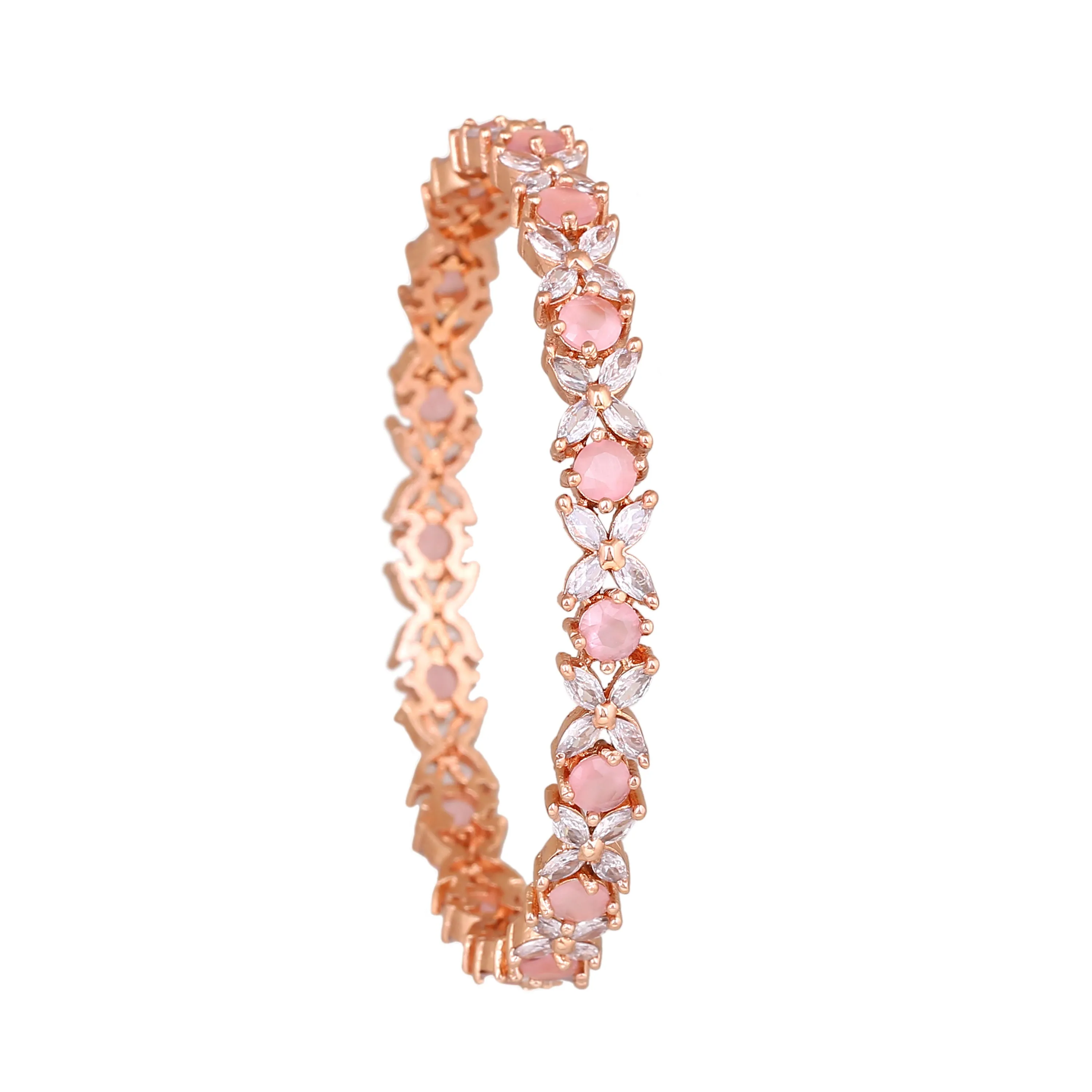 Estele Rosegold Plated Mint Pink American Diamond Charming Floral Bangles | Available in 2:4, 2:6, & 2:8 Sizes | Perfect Fit & Timeless Elegance for Women