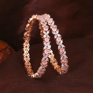 Estele Rosegold Plated Mint Pink American Diamond Charming Floral Bangles | Available in 2:4, 2:6, & 2:8 Sizes | Perfect Fit & Timeless Elegance for Women