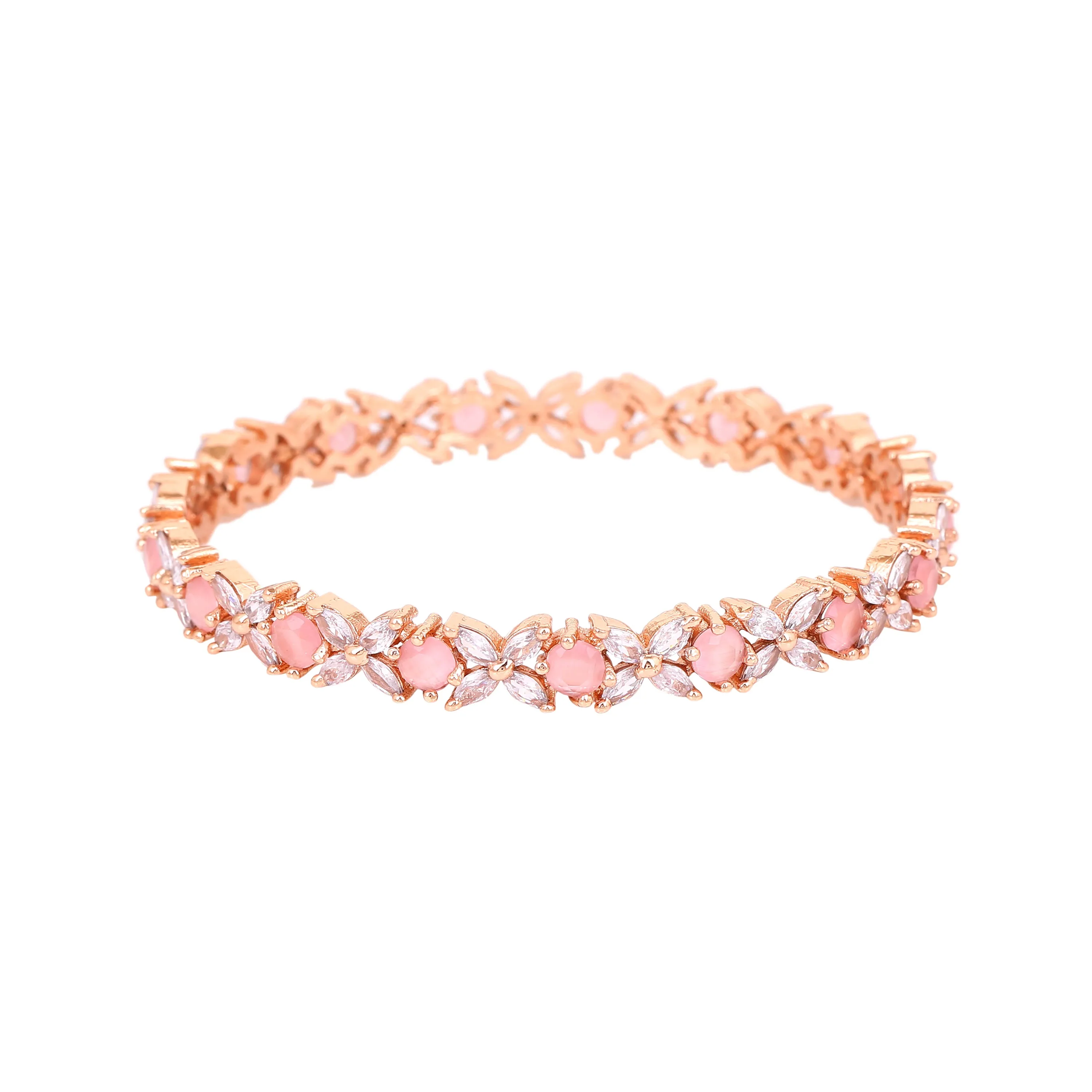 Estele Rosegold Plated Mint Pink American Diamond Charming Floral Bangles | Available in 2:4, 2:6, & 2:8 Sizes | Perfect Fit & Timeless Elegance for Women