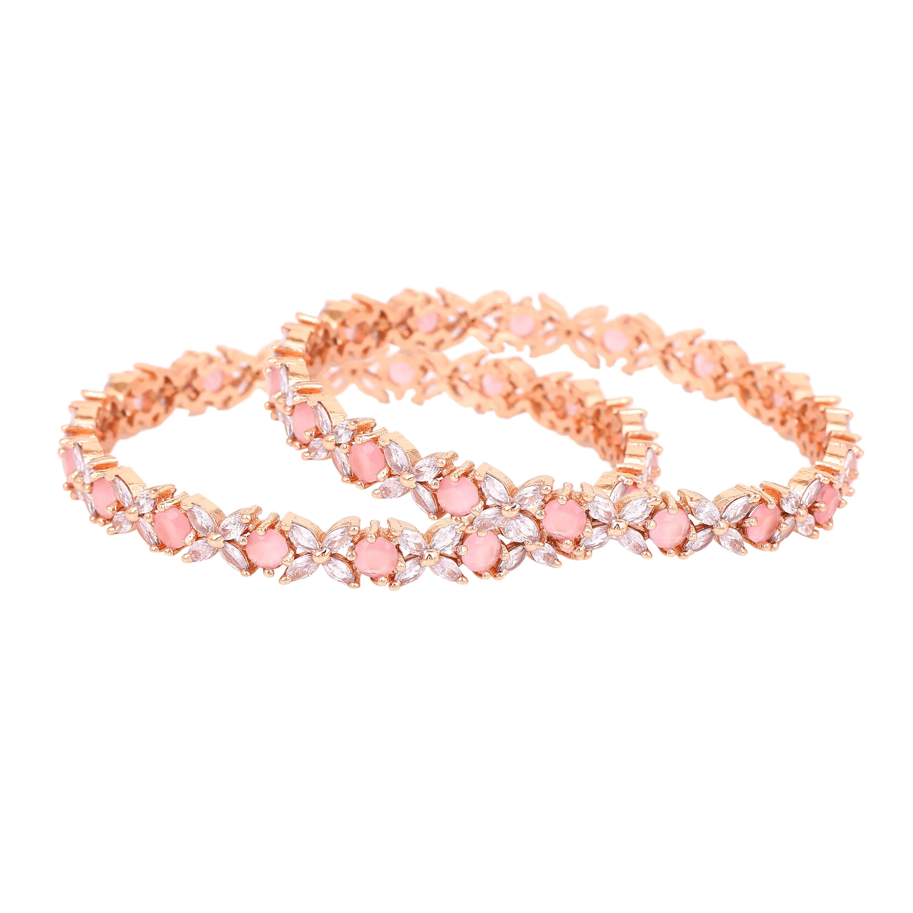Estele Rosegold Plated Mint Pink American Diamond Charming Floral Bangles | Available in 2:4, 2:6, & 2:8 Sizes | Perfect Fit & Timeless Elegance for Women