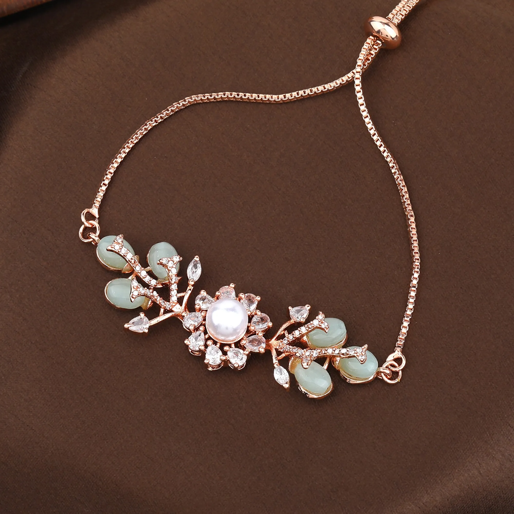 Estele Rosegold Plated Stylish Floral Beaded Adjustable Varya Bracelet with Mint Green Beads|Elegant Sparkle for Women
