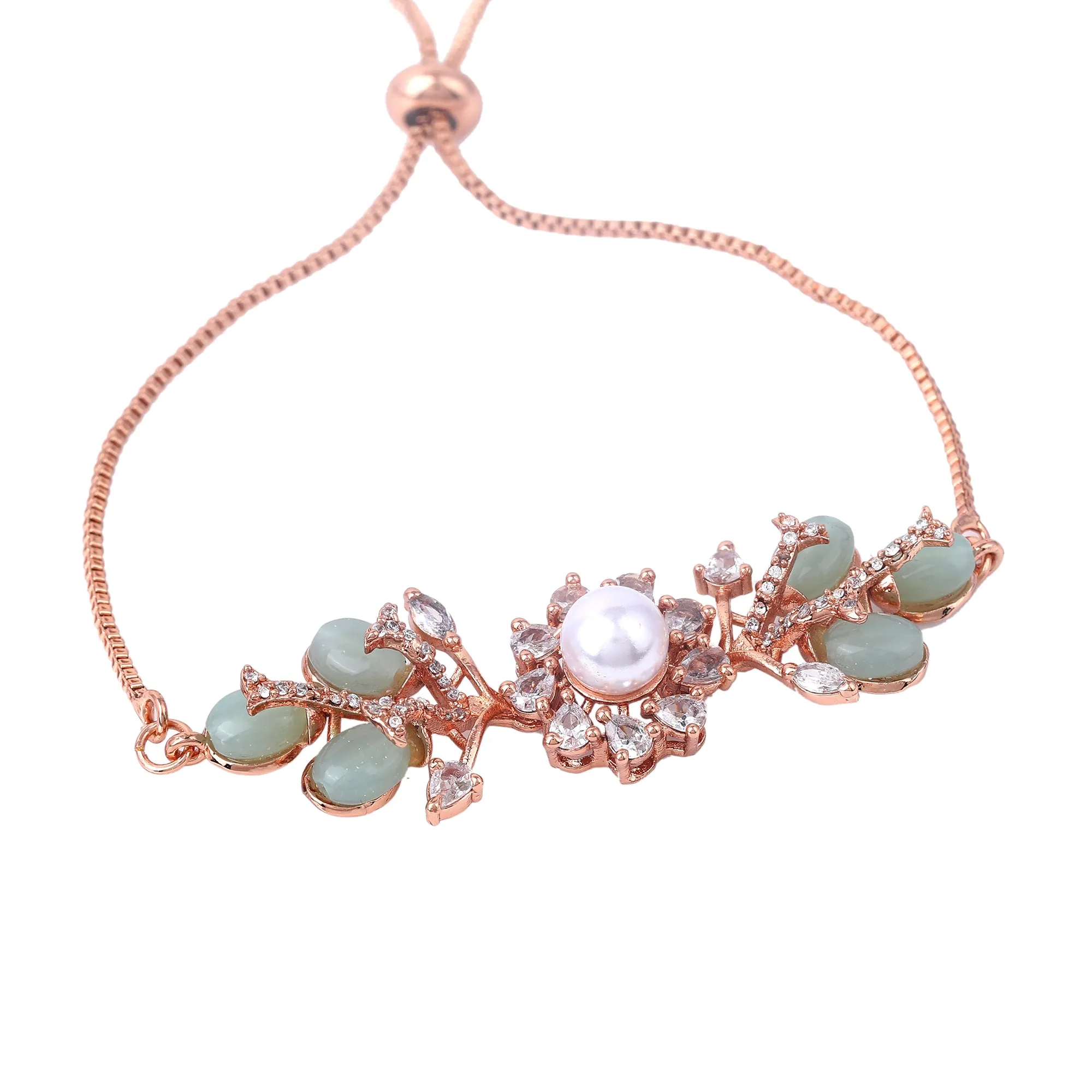 Estele Rosegold Plated Stylish Floral Beaded Adjustable Varya Bracelet with Mint Green Beads|Elegant Sparkle for Women