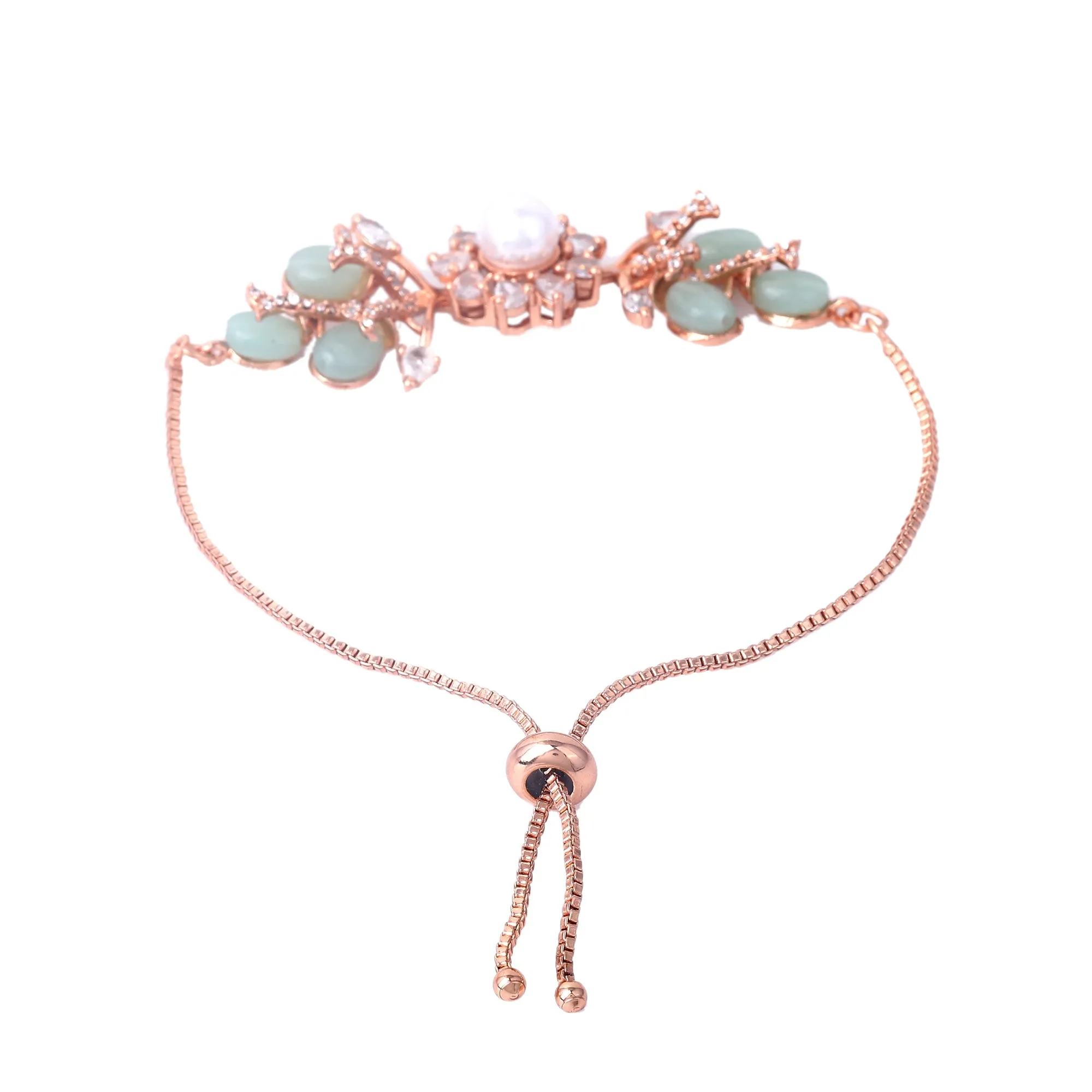 Estele Rosegold Plated Stylish Floral Beaded Adjustable Varya Bracelet with Mint Green Beads|Elegant Sparkle for Women