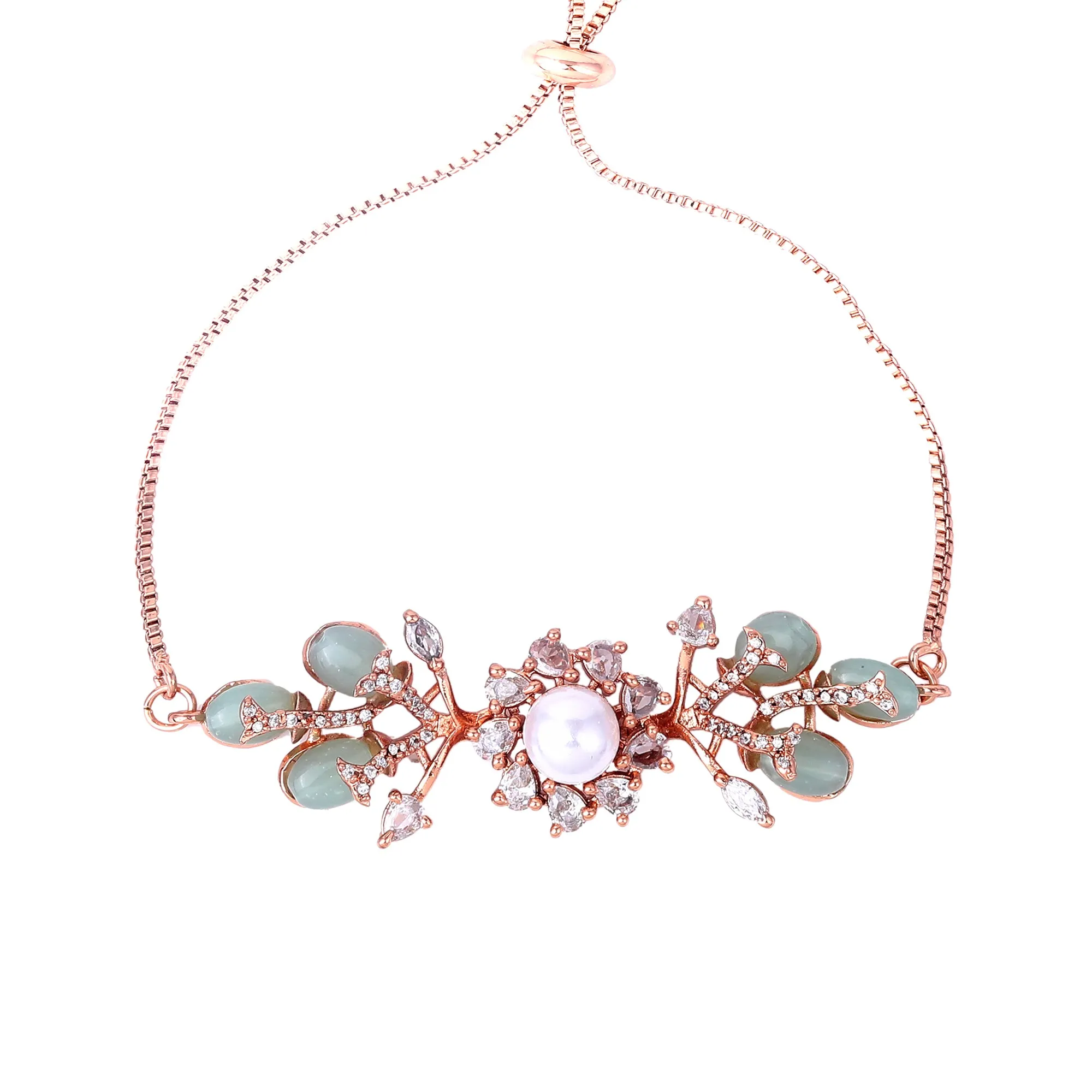 Estele Rosegold Plated Stylish Floral Beaded Adjustable Varya Bracelet with Mint Green Beads|Elegant Sparkle for Women