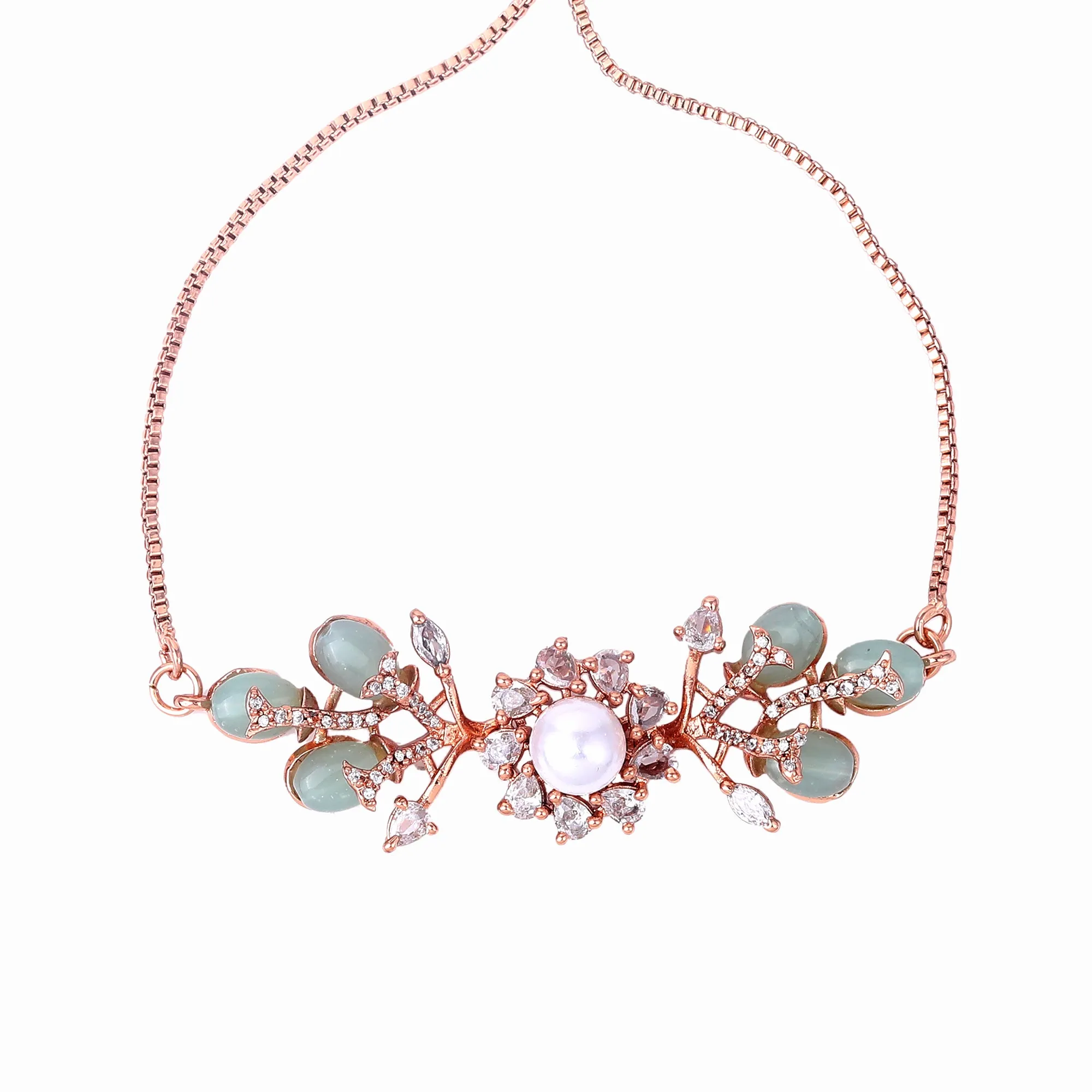 Estele Rosegold Plated Stylish Floral Beaded Adjustable Varya Bracelet with Mint Green Beads|Elegant Sparkle for Women