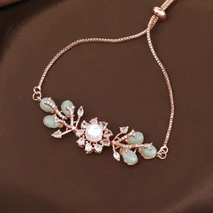 Estele Rosegold Plated Stylish Floral Beaded Adjustable Varya Bracelet with Mint Green Beads|Elegant Sparkle for Women