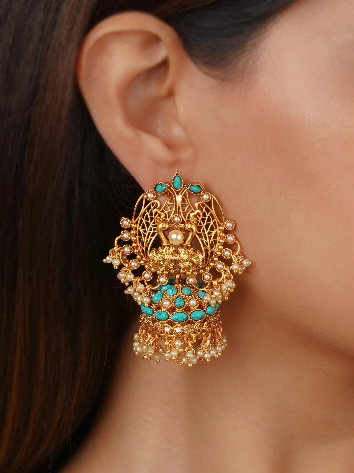 Firoza Color Gold Plated Temple Earrings - TMPEAR67F