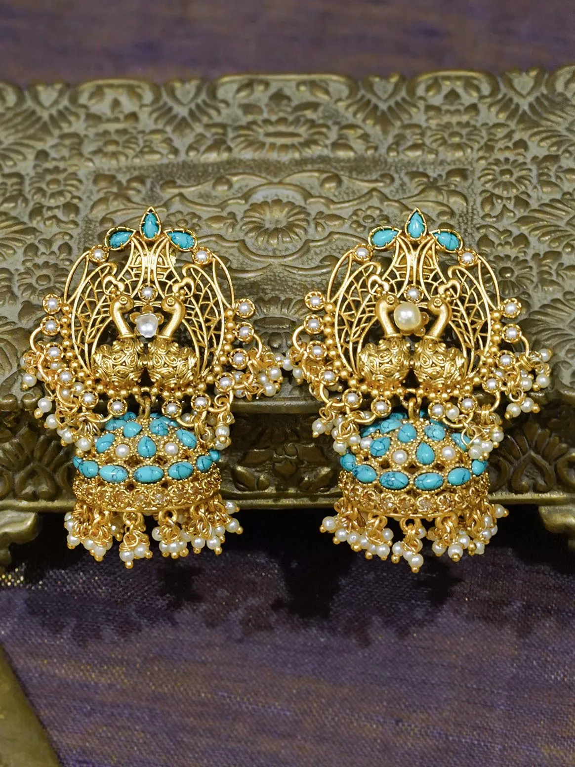 Firoza Color Gold Plated Temple Earrings - TMPEAR67F