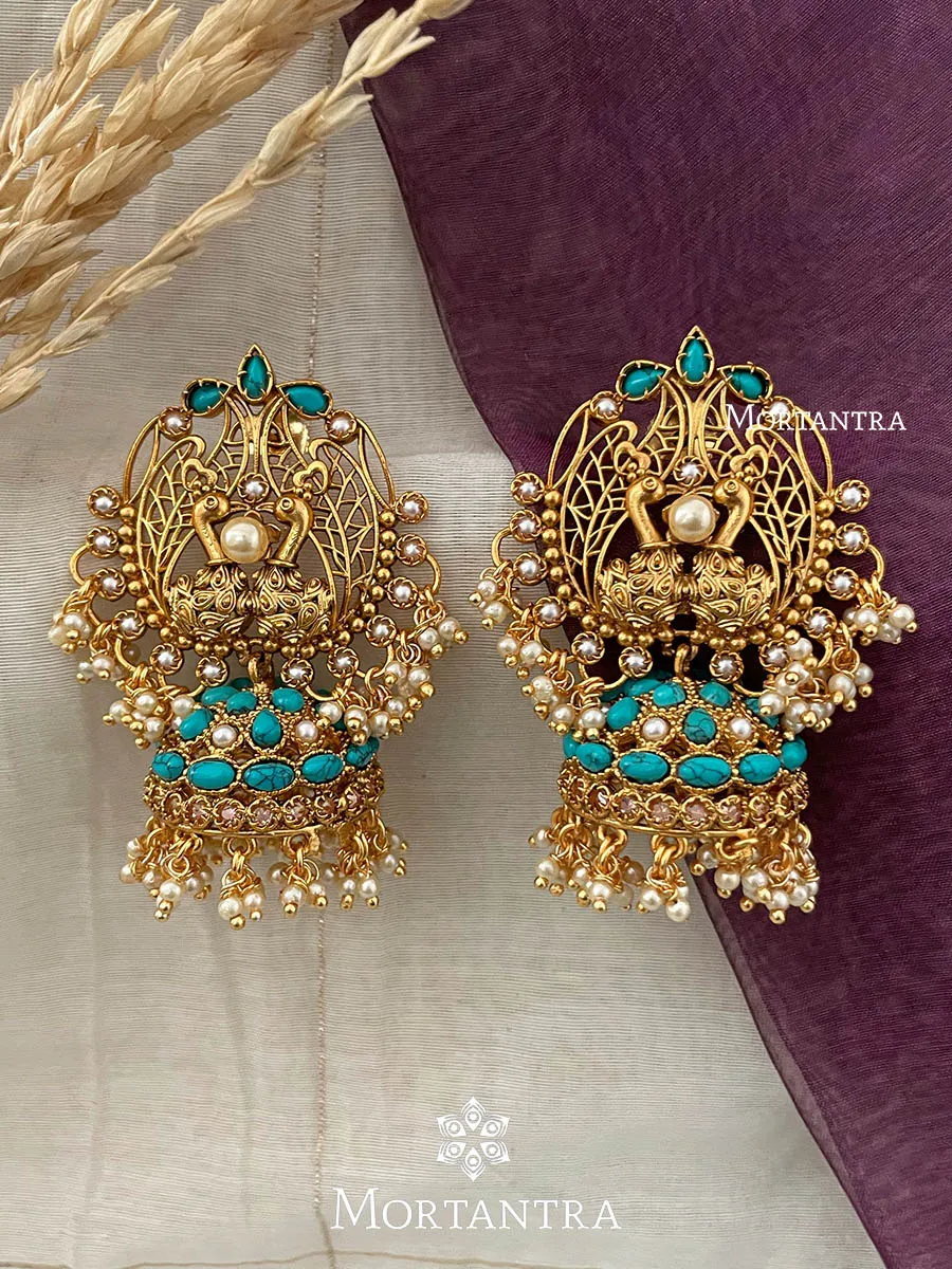Firoza Color Gold Plated Temple Earrings - TMPEAR67F