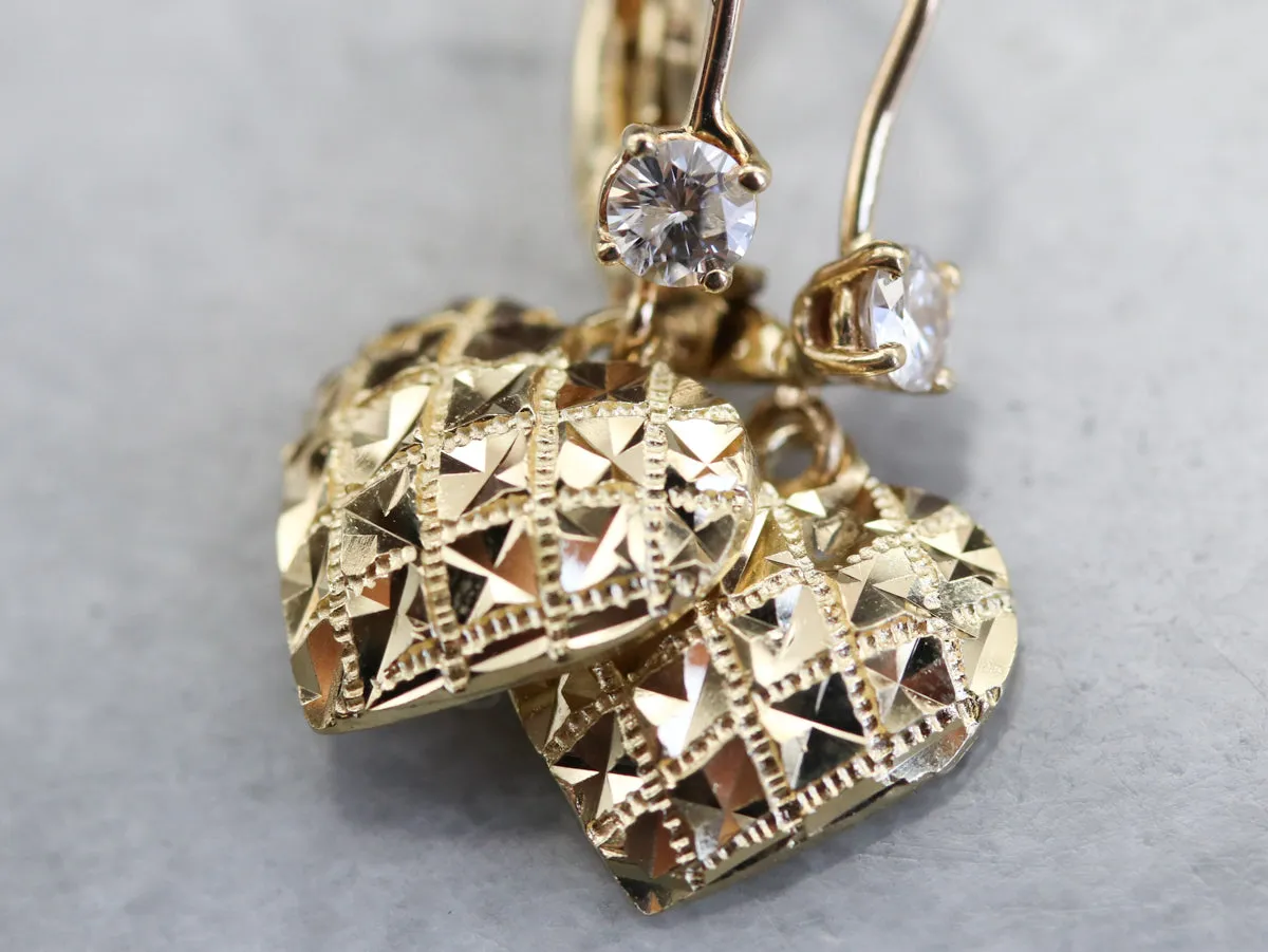 Gold Diamond Heart Drop Earrings