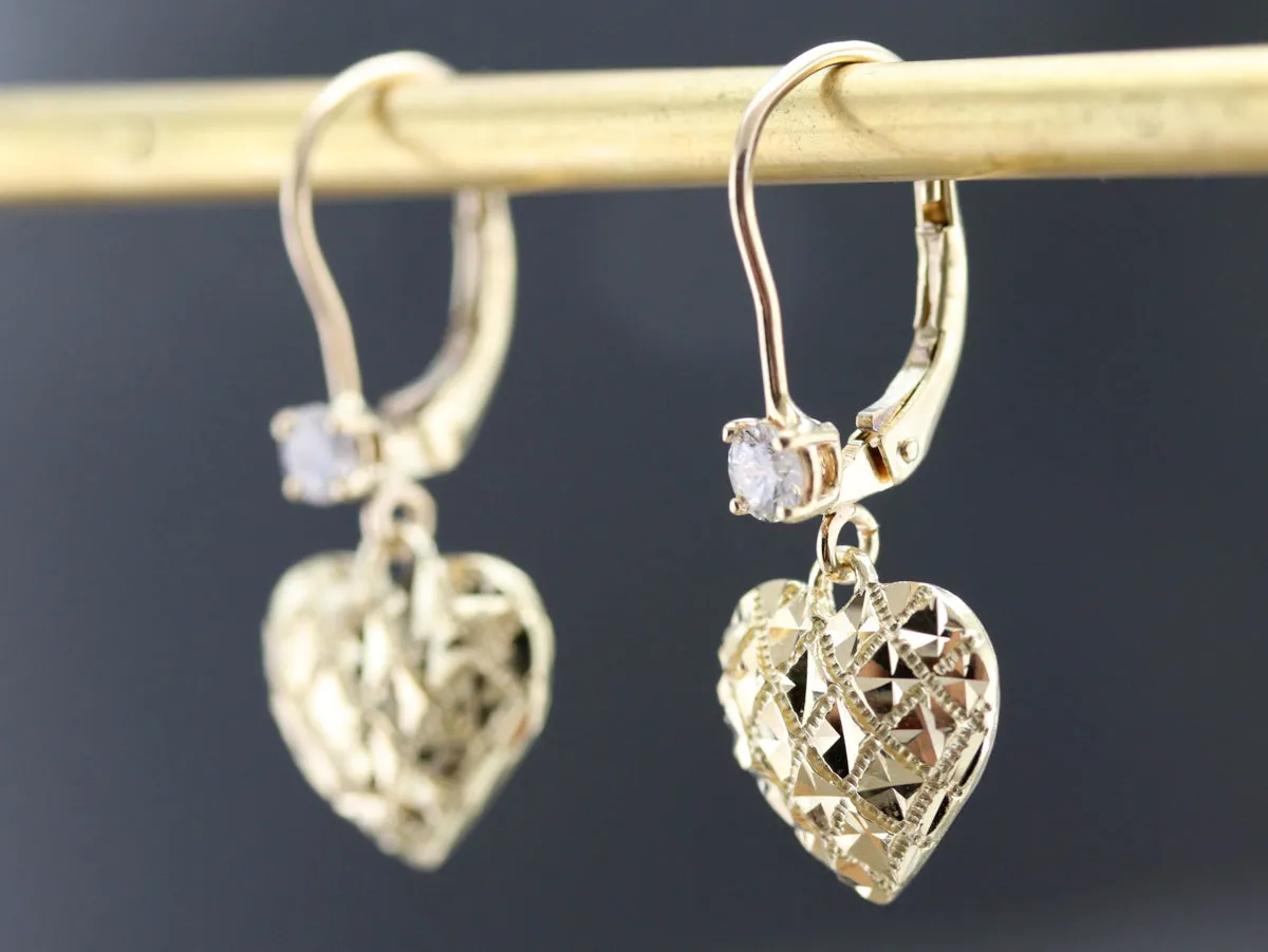 Gold Diamond Heart Drop Earrings