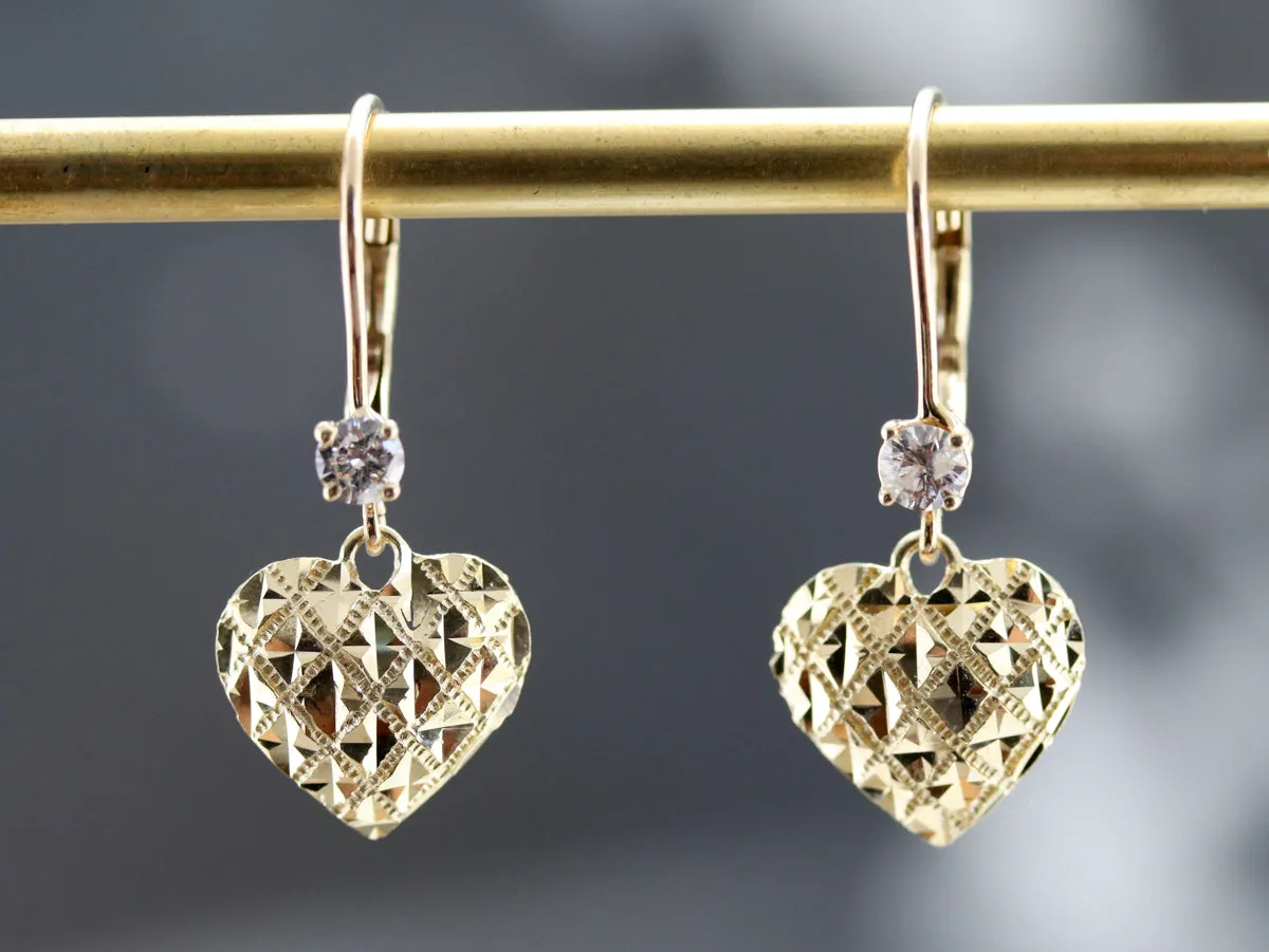 Gold Diamond Heart Drop Earrings