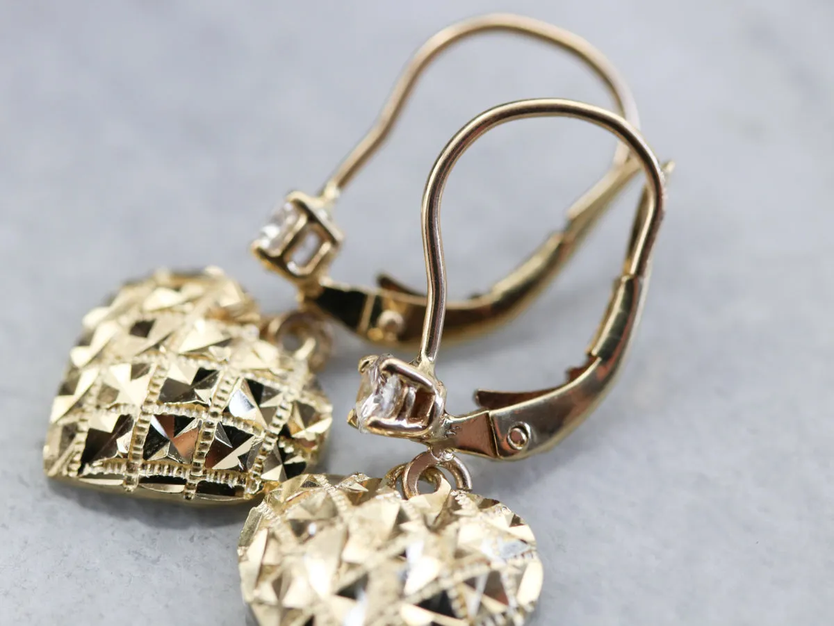 Gold Diamond Heart Drop Earrings