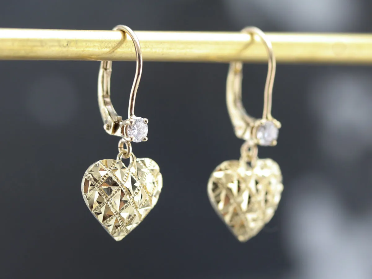 Gold Diamond Heart Drop Earrings