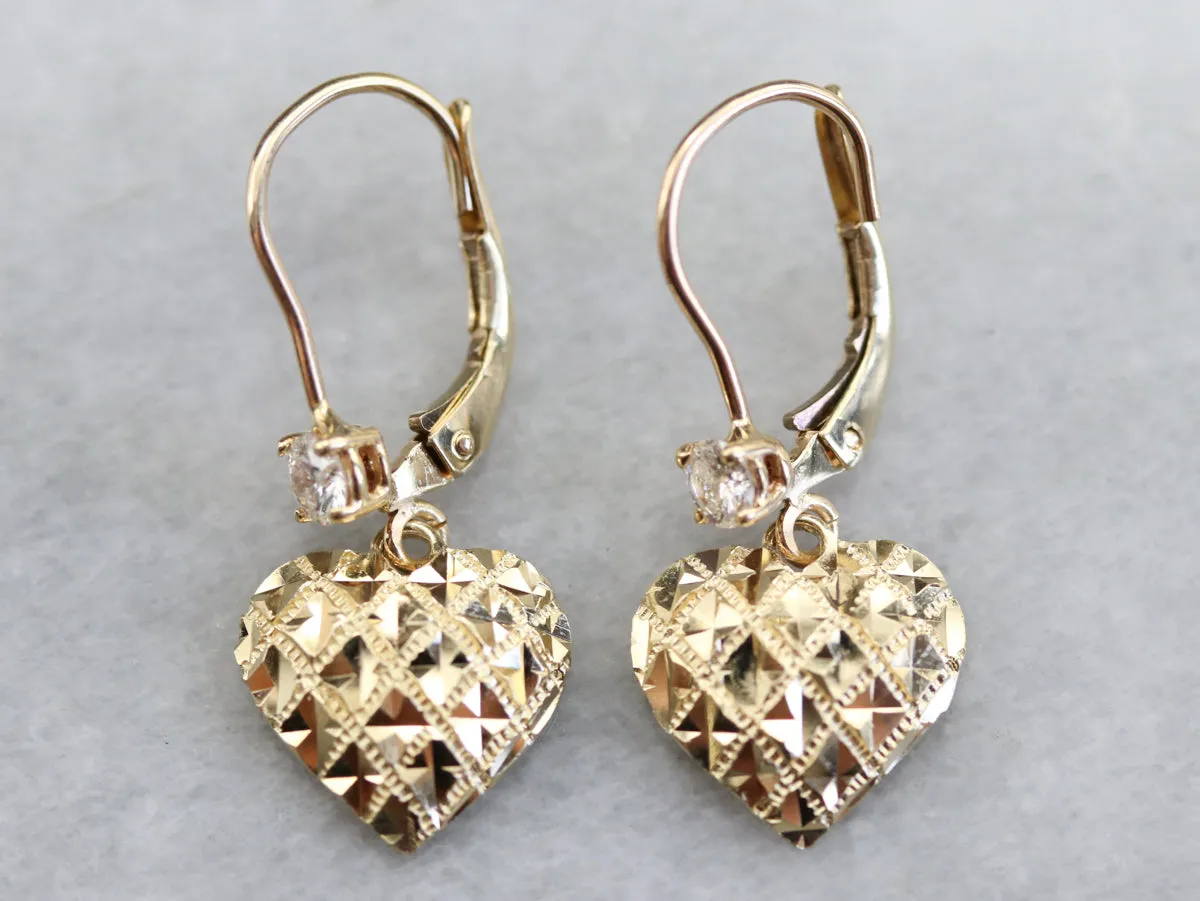 Gold Diamond Heart Drop Earrings