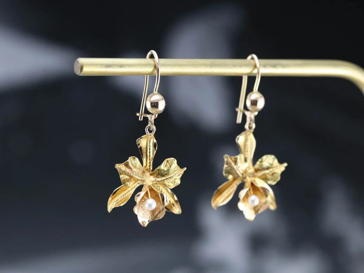Gold Pearl Orchid Drop Earrings