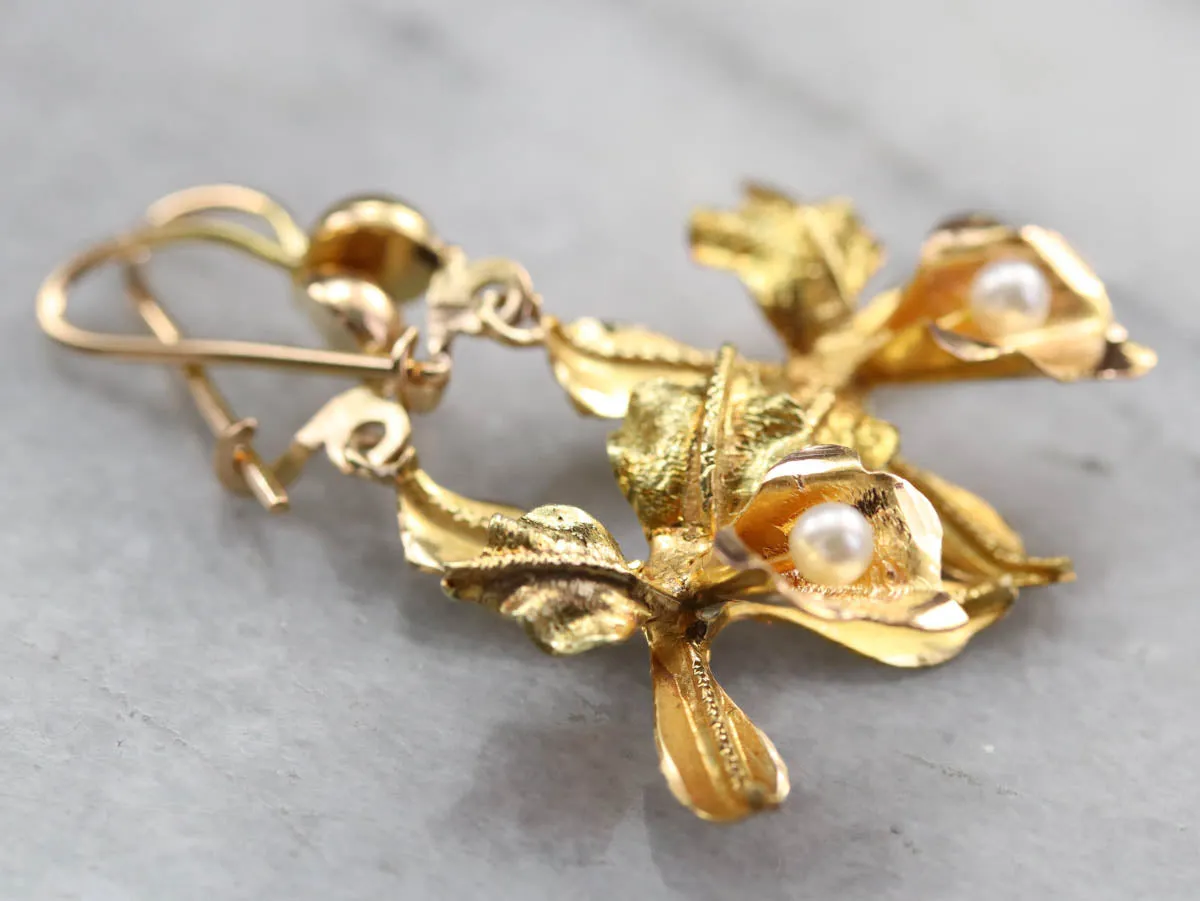Gold Pearl Orchid Drop Earrings