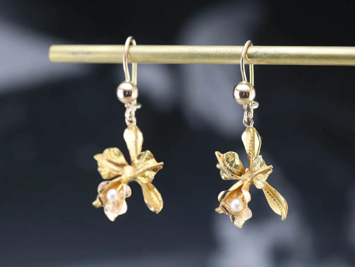 Gold Pearl Orchid Drop Earrings