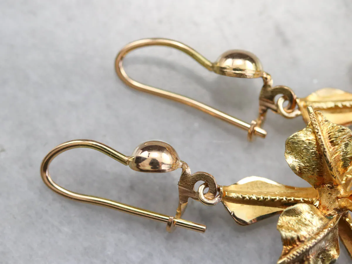 Gold Pearl Orchid Drop Earrings