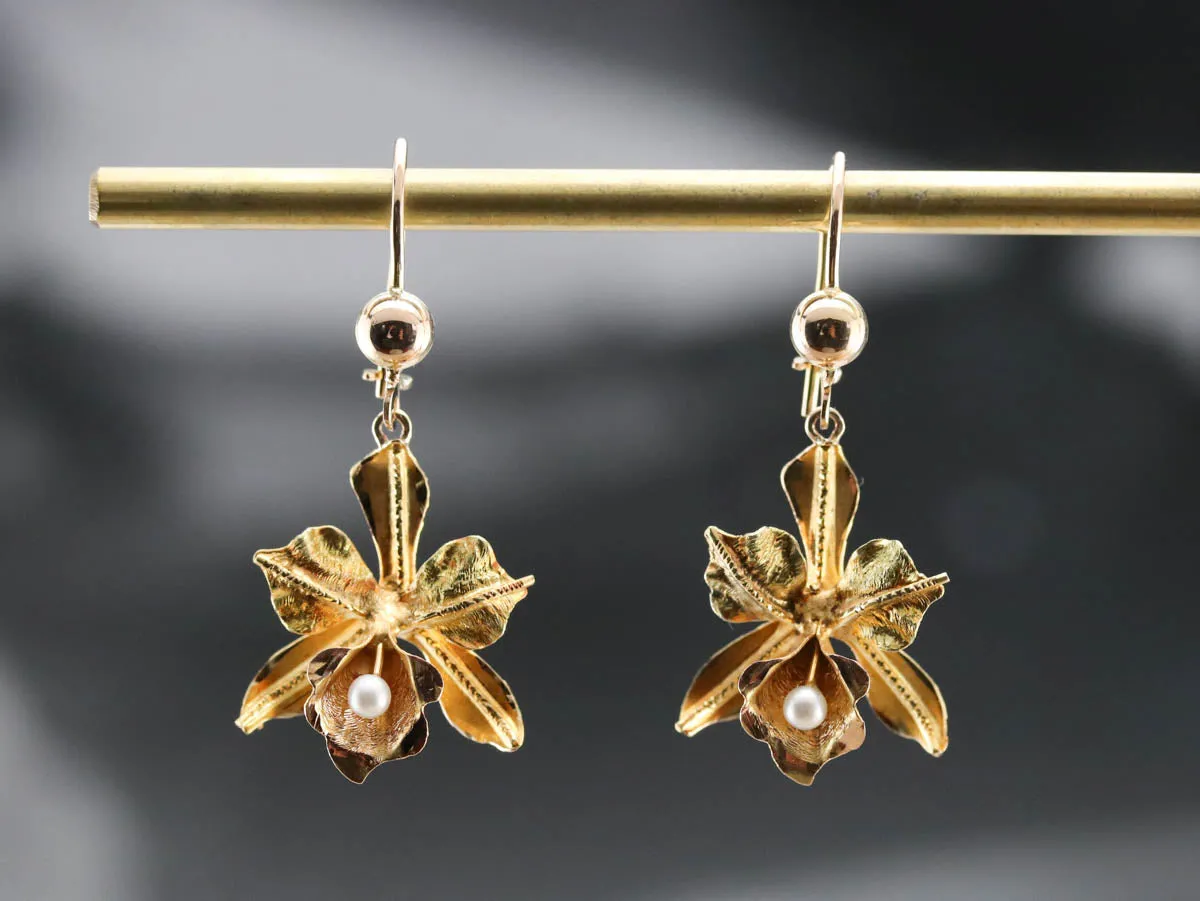 Gold Pearl Orchid Drop Earrings