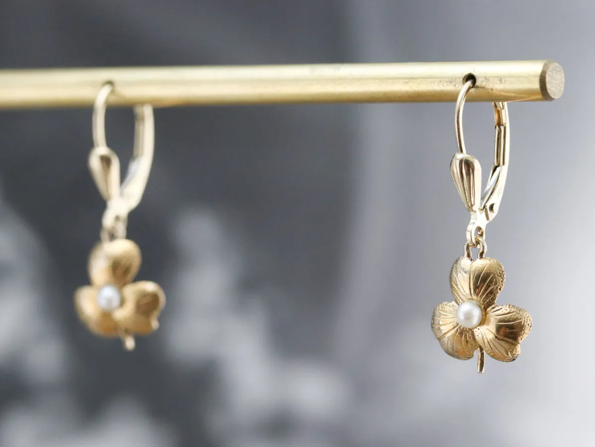 Gold Seed Pearl Shamrock Earrings