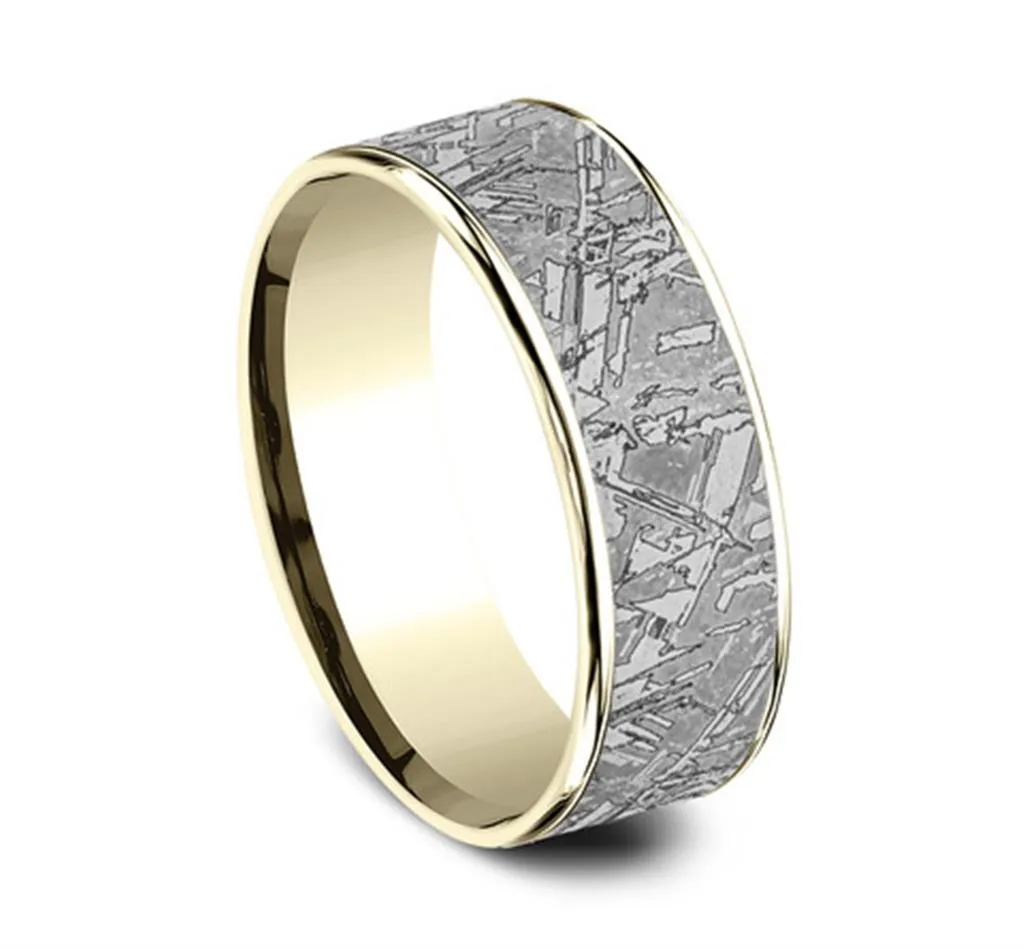 Gray Tantalum And 14K Yellow Gold ??The Gibeon?? Meteorite Patterned 7.5mm Wedding Band