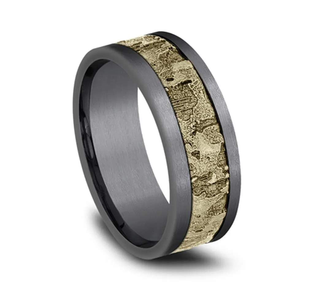 Gray Tantalum And 14K Yellow Gold 'The Stud' 8Mm Wall Fracture Center And Grey Satin Edges Wedding Band