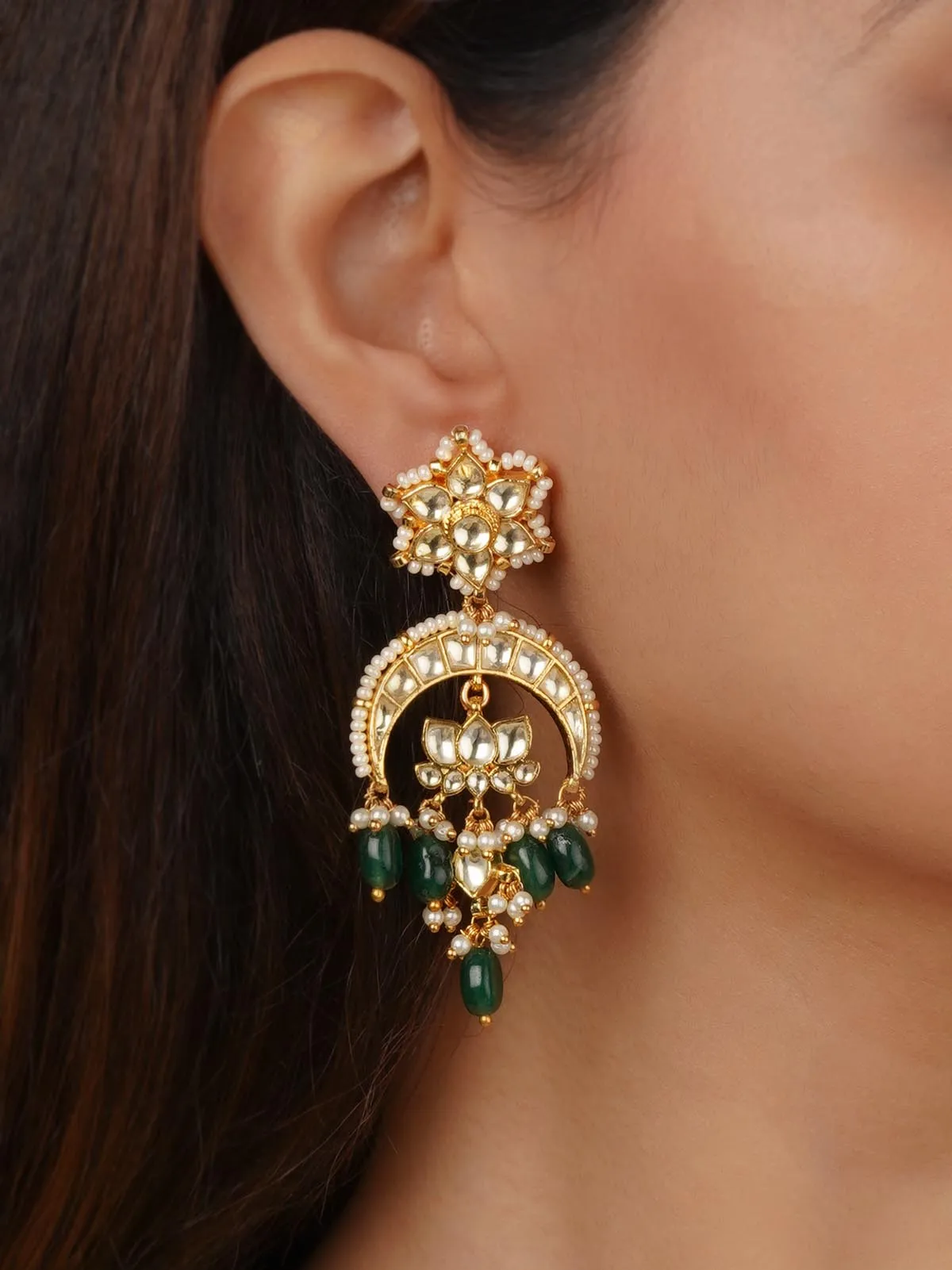 Green Color Gold Plated Jadau Kundan Earrings - ME700YGR