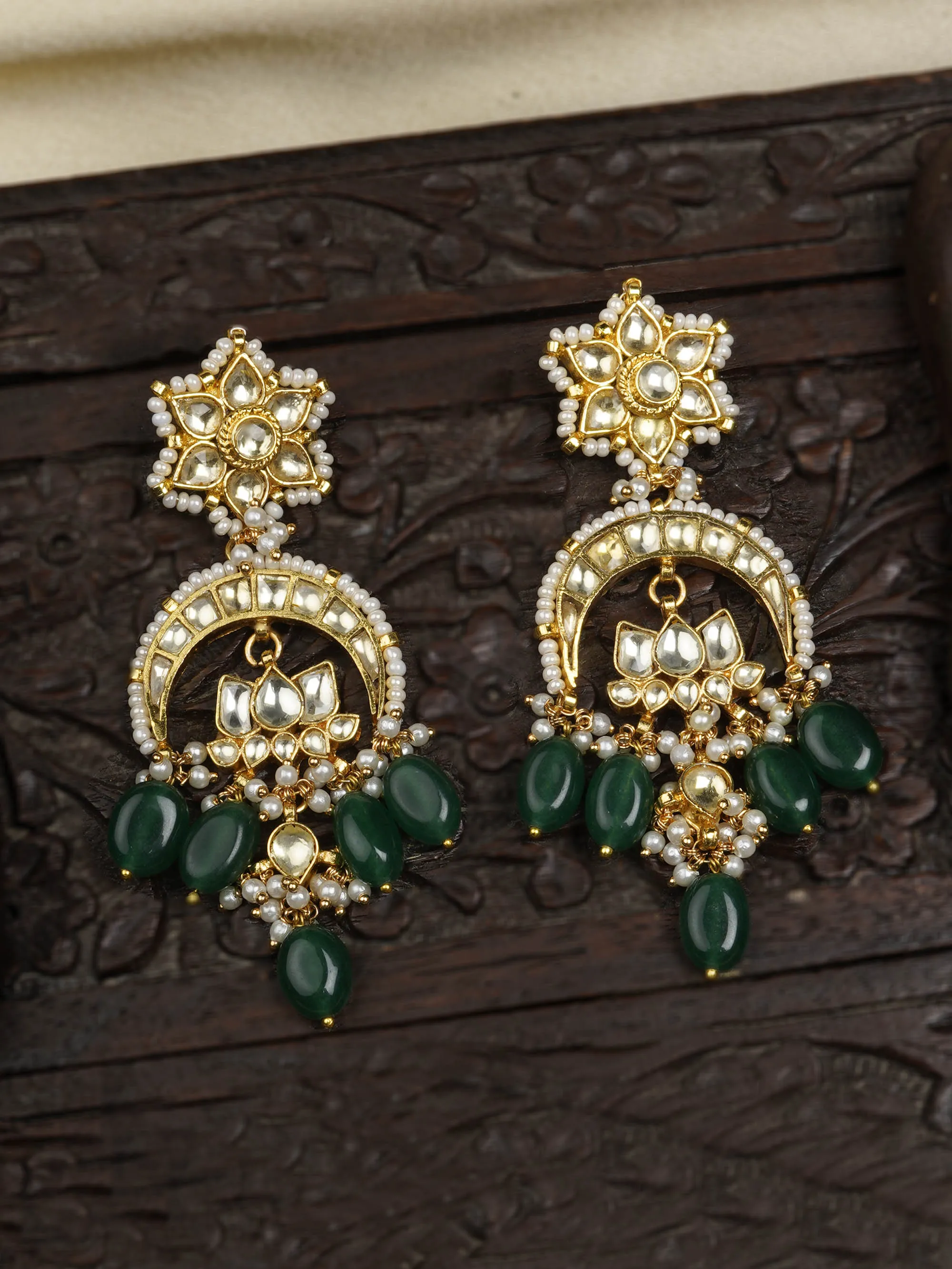 Green Color Gold Plated Jadau Kundan Earrings - ME700YGR