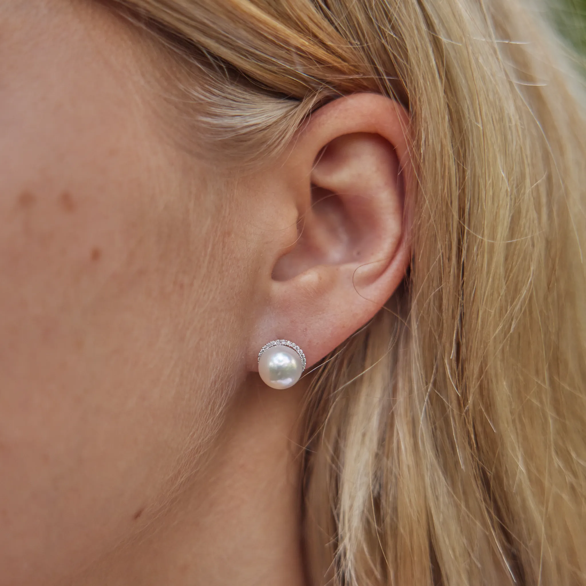 Halo Akoya White Pearl Earrings in White Gold with Diamonds - 8-8.5mm