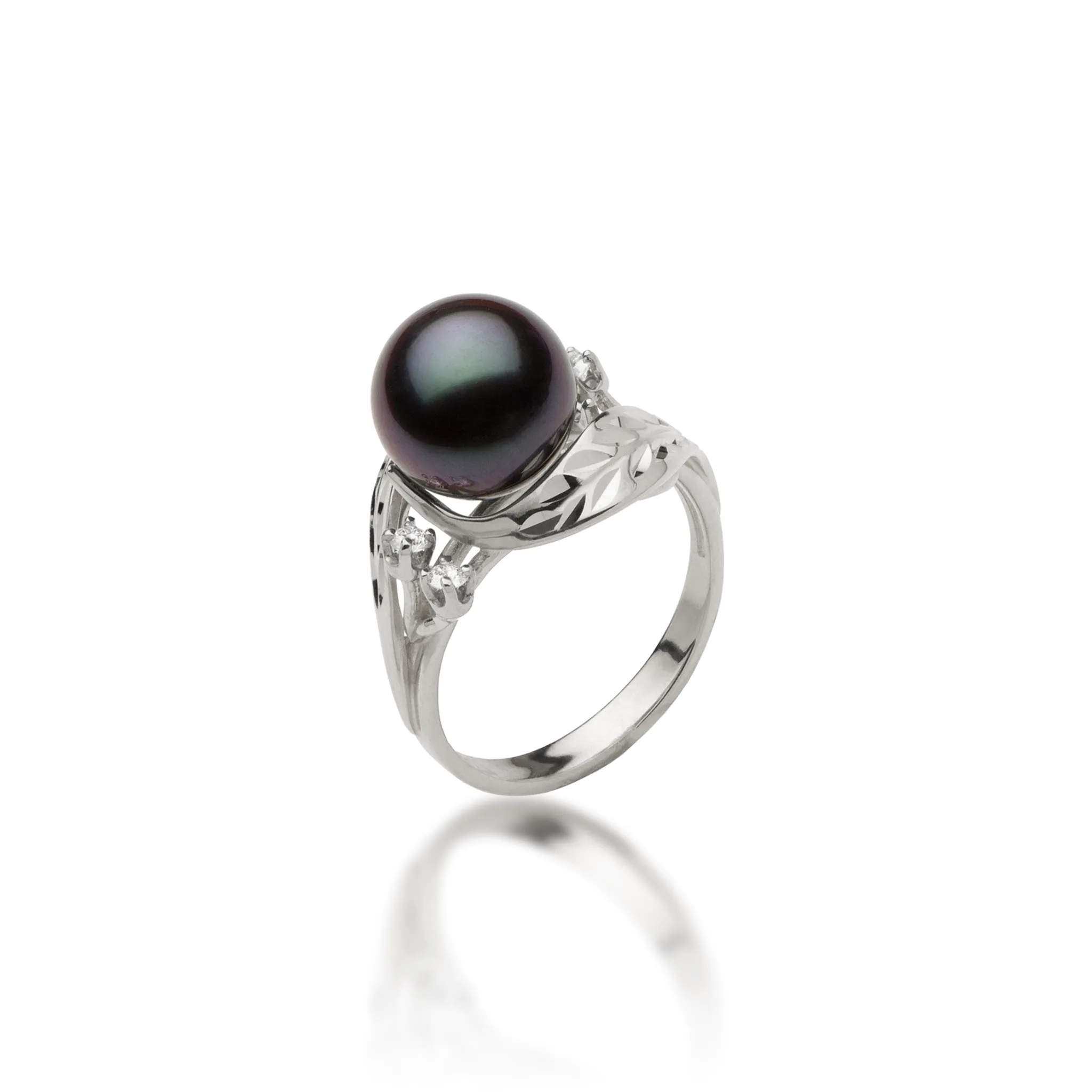 Maile Tahitian Black Pearl Ring in White Gold with Diamonds - 9-10mm