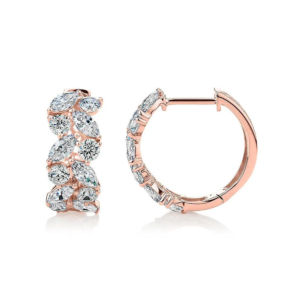 Marquise and Round Brilliant hoop earrings with 2.88 carats* of diamond simulants in 10 carat rose gold