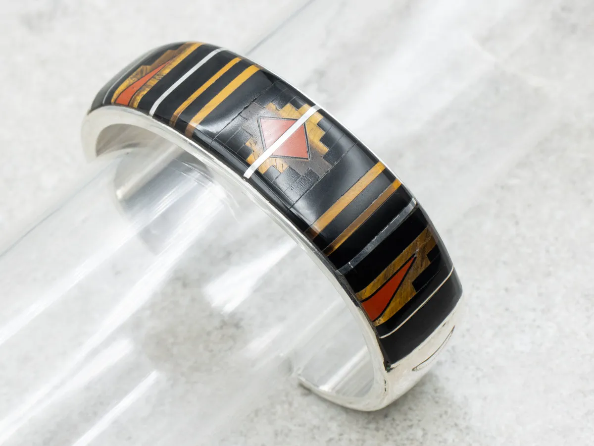 Mary Morgan Vintage Navajo Tigers Eye Onyx and Jasper Inlay Sterling Silver Bracelet